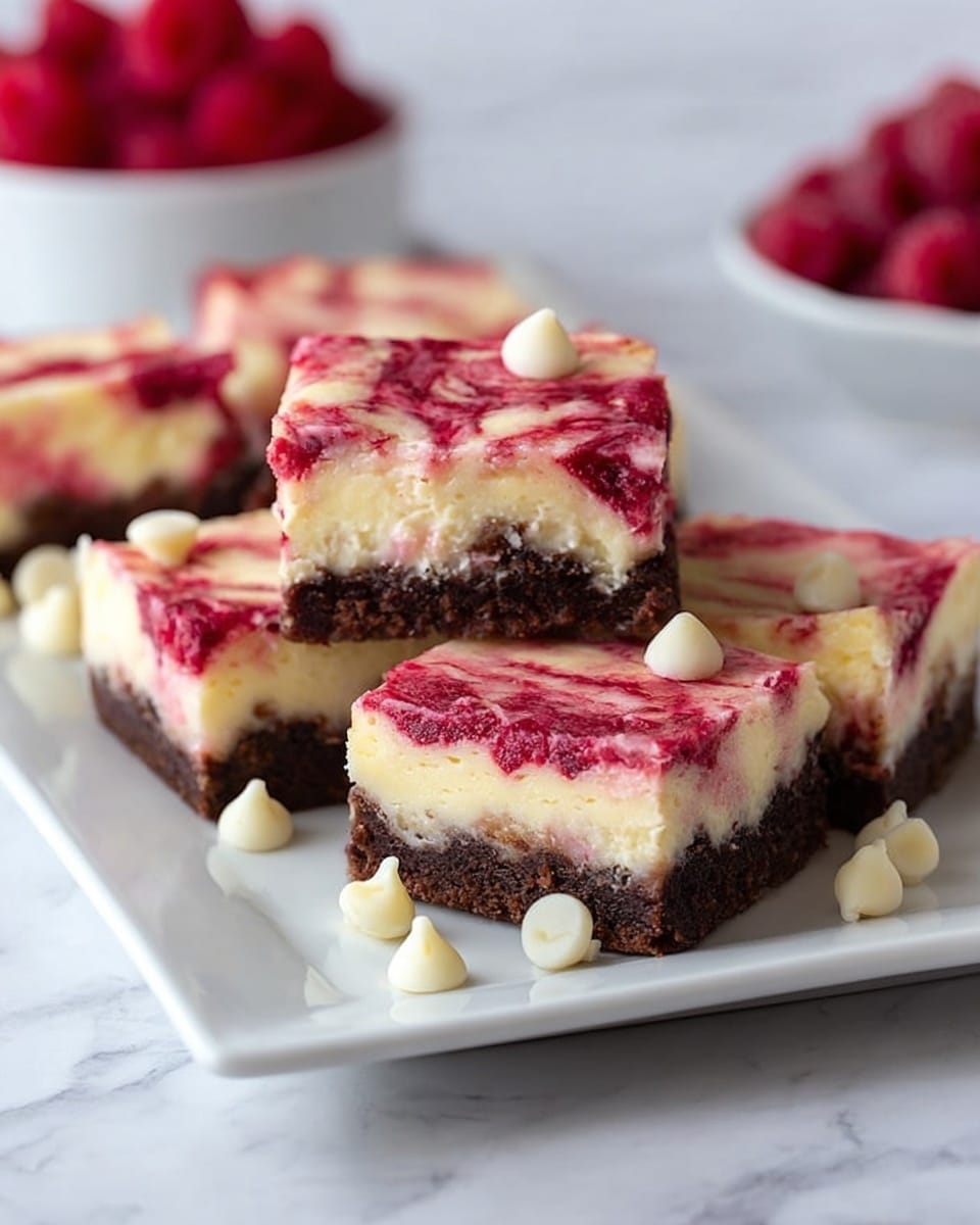 The image shows five cheesecake squares on a white rectangular plate, each with three visible layers. The bottom layer is dark brown and looks like a chocolate crust. The middle layer is thick, creamy, and pale yellow, making up most of the cheesecake. The top layer has swirled bright red raspberry sauce mixed with the cream, creating a marbled effect. White chocolate chips are scattered on top and around the cheesecake squares. The plate is on a white marbled surface, and in the background, there is a blurry white bowl filled with red raspberries. photo taken with an iphone --ar 4:5 --v 7