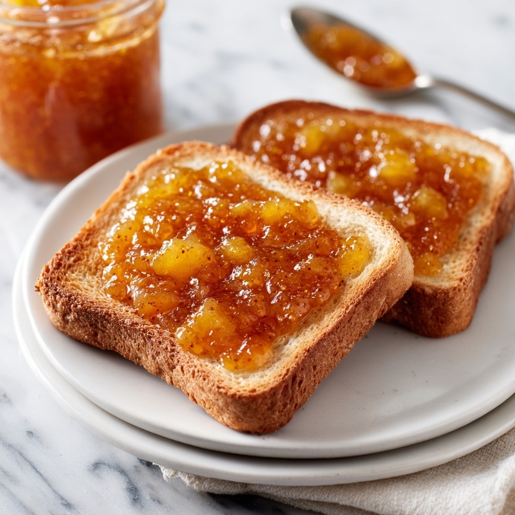 The image shows a glass jar filled with a thick, amber-colored apple jam that has visible chunks of soft, cooked apple suspended in a glossy, syrupy base with a hint of cinnamon spice. The jar has a textured, diamond-shaped pattern on the glass and is placed on a cloth with stripes in red, yellow, and brown. To the side, there is a silver spoon resting on the cloth and two yellow apples partially visible, all set on a white marbled surface. The photo taken with an iphone --ar 4:5 --v 7