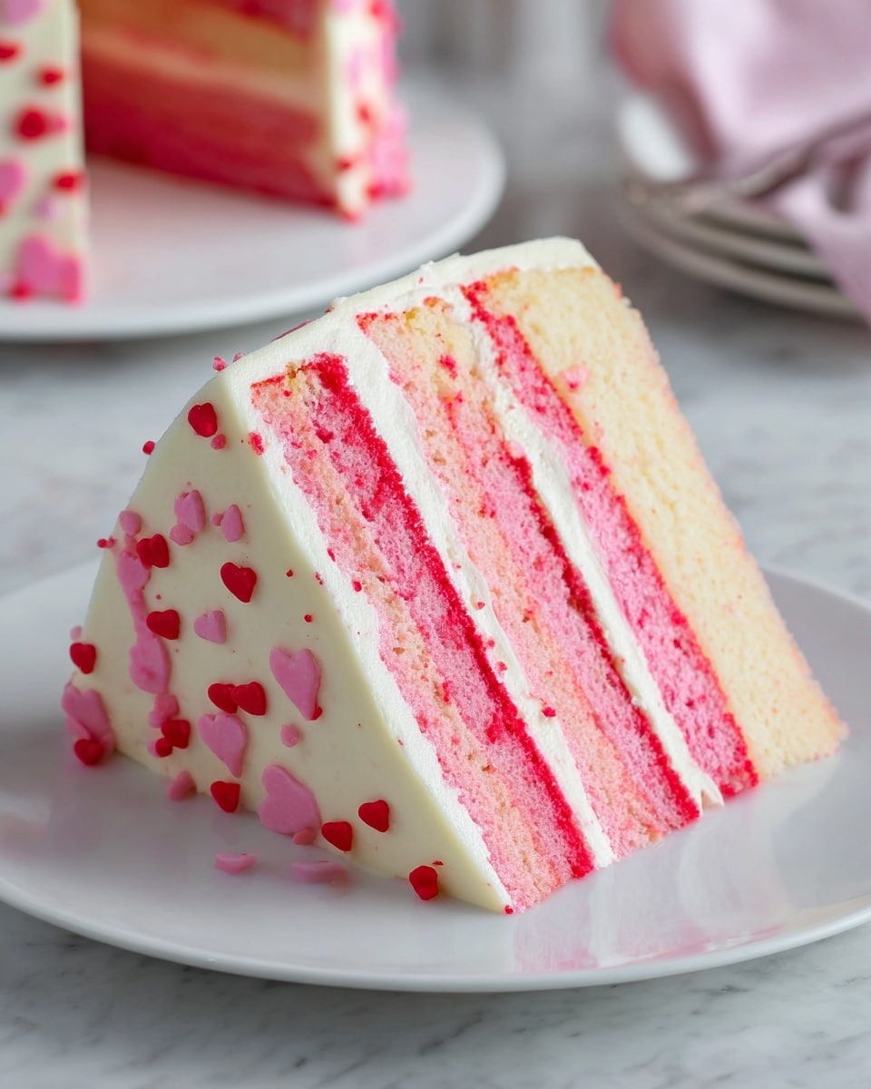 A tall, round cake covered in smooth, creamy white frosting is decorated with many small heart shapes in shades of red, pink, and light pink. These hearts vary in size and are evenly spread across the sides and top of the cake, creating a charming and playful pattern. The cake sits on a simple white cake stand against a white marbled textured surface. photo taken with an iphone --ar 4:5 --v 7