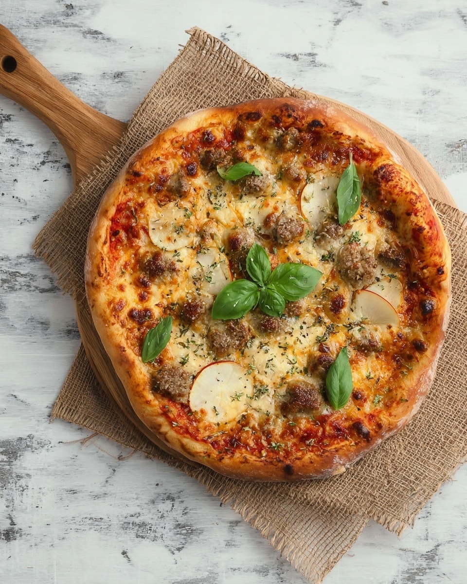A round pizza with a golden-brown crust sits on a wooden pizza peel with a long handle, placed on burlap over a white marbled surface. The pizza has a red tomato sauce base topped with melted light orange cheese, scattered browned sausage chunks, and thin, curved slices of pale yellow pear spread evenly. Fresh bright green basil leaves are placed on top in the center, adding a vibrant touch. The pizza edges are slightly charred, giving a rustic look. Photo taken with an iphone --ar 4:5 --v 7