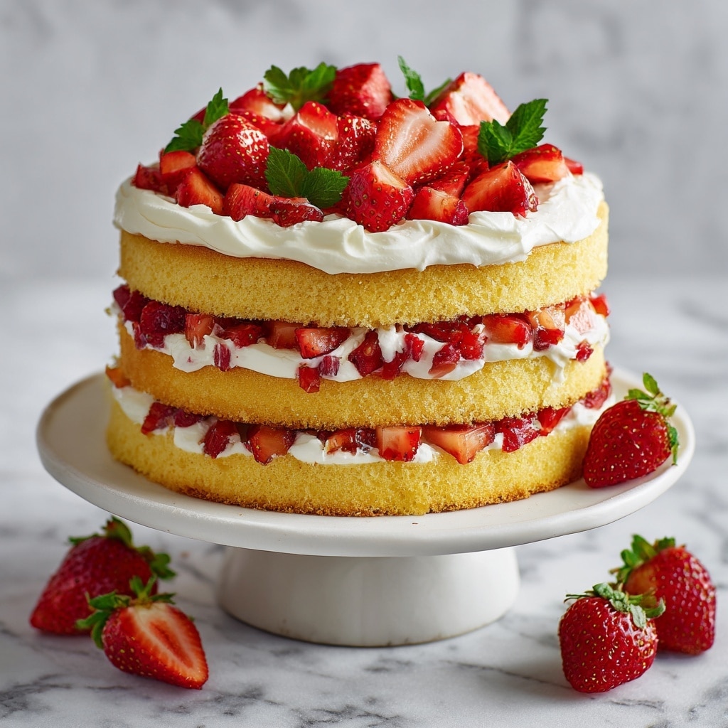 A three-layer strawberry shortcake is shown with each layer made of light yellow sponge cake. Between each cake layer, there is a thick, white whipped cream layer mixed with bright red chopped strawberries and strawberry sauce. The top layer is covered with a generous layer of whipped cream and orange-red strawberry pieces, some whole, some sliced, placed on top. A few whole strawberries with green leaves rest at the base of the cake on a white cake stand with a scalloped edge. The background is a soft white marbled texture. A slice of cake is being lifted with a silver cake server. Photo taken with an iphone --ar 4:5 --v 7