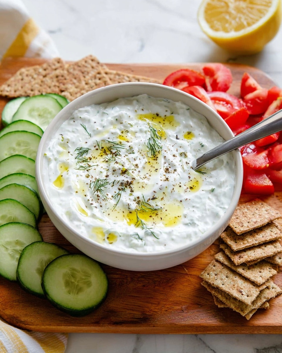 A white bowl filled with thick, creamy white yogurt mixed with small bits of cucumber giving a textured look, topped with bright green chopped dill scattered on the surface, a drizzle of golden olive oil pooling slightly, and a light sprinkling of cracked black pepper adding tiny dark specks; a bronze spoon is placed partially inside the yogurt on the right side of the bowl, all set on a white marbled texture with lemon halves and small green herb pieces around the bowl. photo taken with an iphone --ar 4:5 --v 7