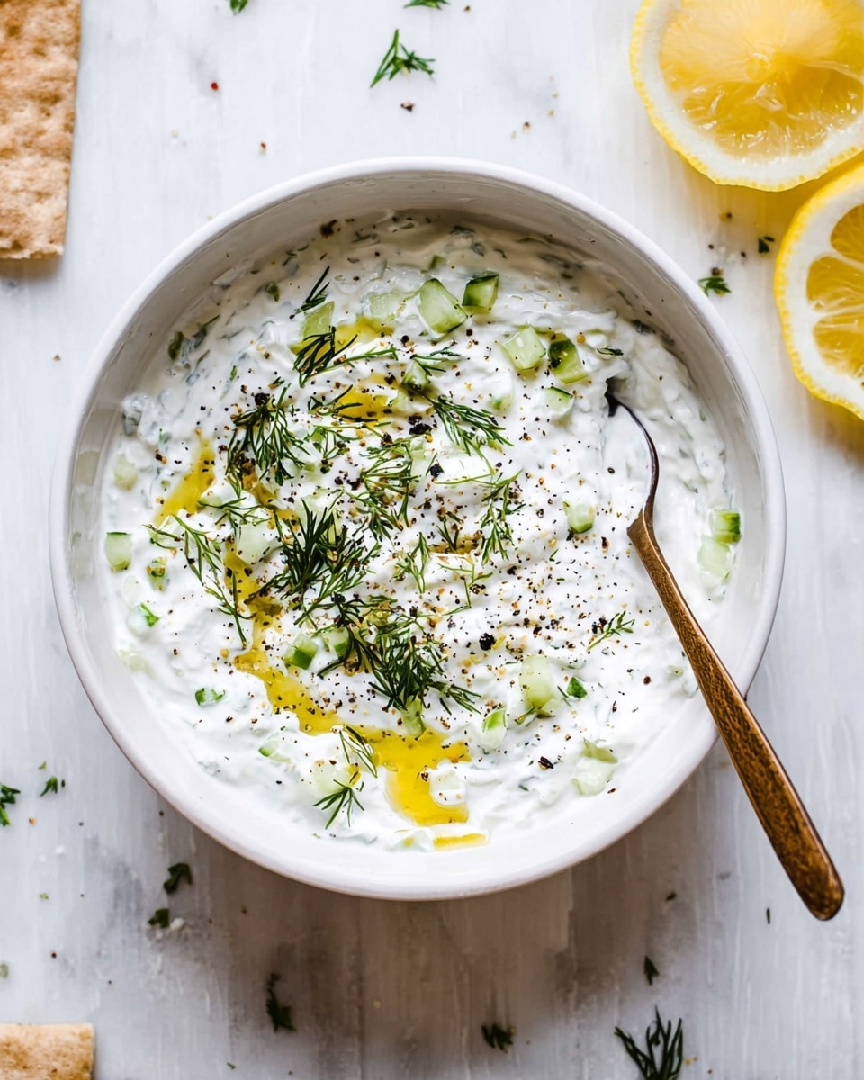 A white bowl filled with thick white tzatziki sauce speckled with green dill and black pepper sits in the center of a wooden board. The top of the sauce is drizzled with small spots of golden olive oil. Around the bowl, there are three groups of food arranged in semicircles: a stack of four round slices of cucumber with green skin and pale green centers, a pile of rectangular wheat crackers with a light brown texture, and bright red tomato wedges with juicy interior details. A metal spoon rests inside the bowl on the right side. The whole scene is set on a white marbled surface with a halved lemon visible in the background. Photo taken with an iphone --ar 4:5 --v 7