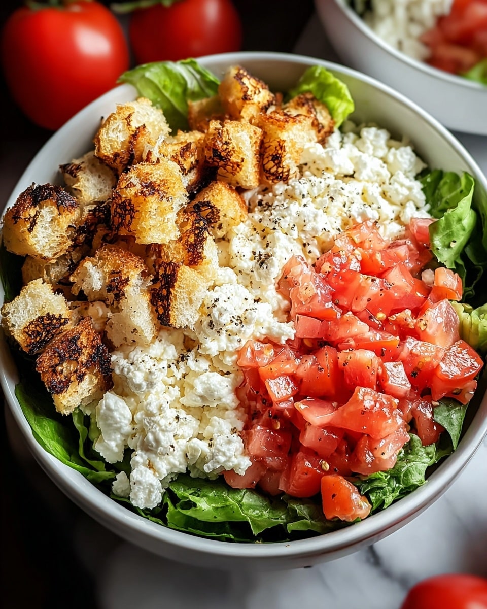 A white bowl with speckled details holds a fresh layered salad. The base layer is green leafy lettuce covering the bowl's bottom and sides. On top of the lettuce, there is a layer of white crumbly cottage cheese, scattered unevenly. Above that are diced orange and red tomatoes mixed with small purple onion pieces. The top layer is golden brown croutons sprinkled generously and drizzled with an orange creamy dressing. Bits of fresh green herbs and cracked black pepper are scattered over all. The bowl sits on a white marbled surface. photo taken with an iphone --ar 4:5 --v 7