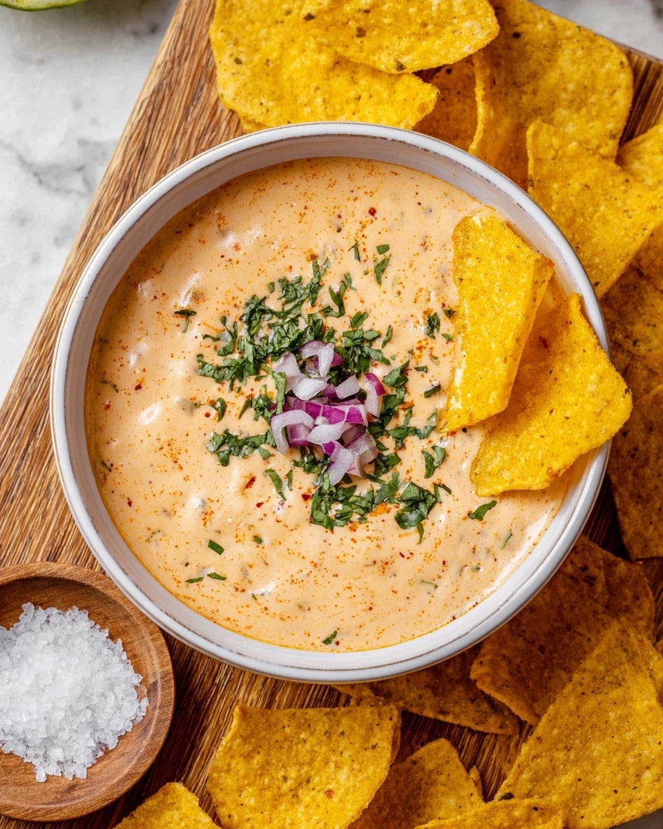A white bowl filled with a creamy, light orange cheese dip that has a smooth and slightly thick texture, sprinkled with finely chopped green cilantro and small purple and white onion pieces in the center. Two yellow tortilla chips are partly dipped into the cheese dip on the right side of the bowl. The bowl is placed on a white marbled surface. photo taken with an iphone --ar 4:5 --v 7