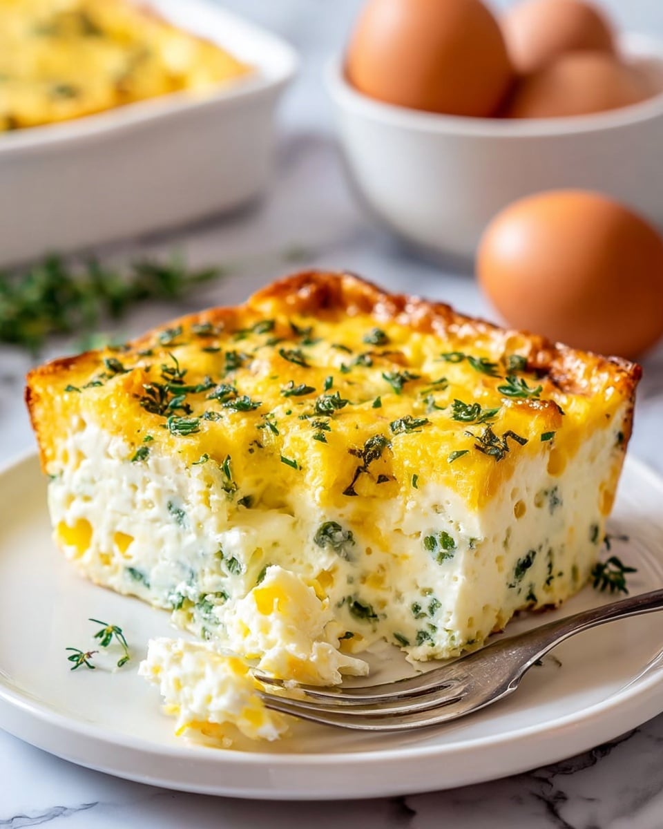 A white rectangular baking dish holds a golden-brown baked casserole, with a slightly crispy top sprinkled with green herbs, showing a soft yellow and white creamy interior with green vegetables and corn. A square piece is cut out and placed on a white round plate in the front, showing three visible layers: a light golden crust at the bottom, a creamy white middle with green bits, and a golden-yellow top with melted cheese and green herbs. The plate is garnished with fresh green mint leaves and placed on a rustic wooden table covered partly by a textured white marbled surface. Two vintage silver forks rest beside the plate. Photo taken with an iphone --ar 4:5 --v 7