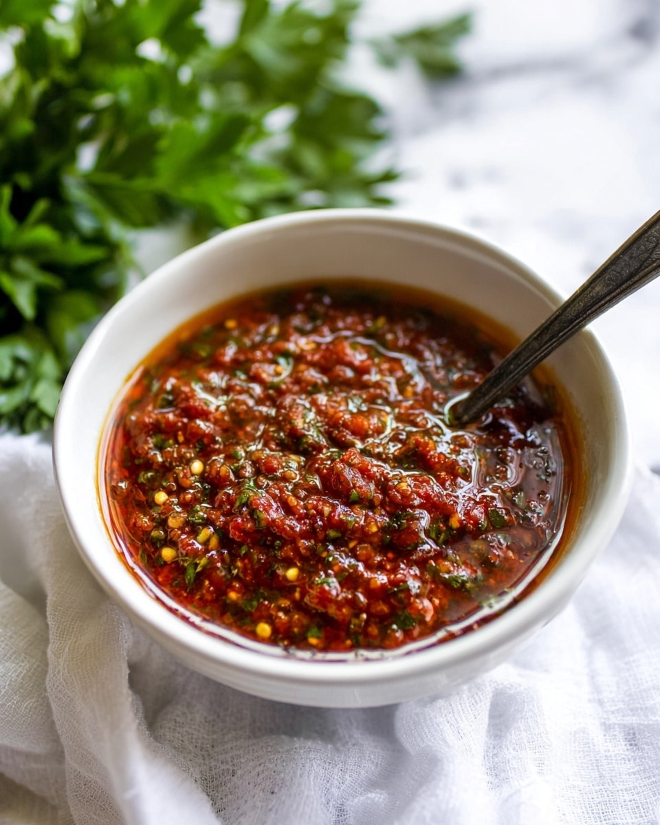 A close-up view of a bowl filled with a reddish-brown sauce that has a glossy, thick texture with visible pieces of herbs and red chili flakes, giving it a speckled look. The sauce has a mix of small green leafy bits, light seeds, and oil shining on its surface. The bowl is white and smooth, sitting on a white marbled surface. A silver spoon is partially dipped inside the sauce on the right side of the bowl. Photo taken with an iphone --ar 4:5 --v 7