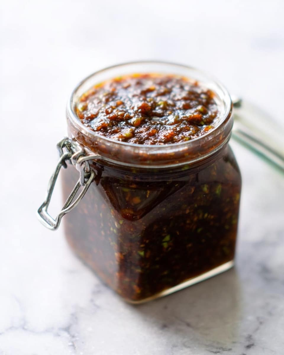 A close-up view of a square glass jar with a metal latch, filled to the top with chunky dark brown sauce that has bits of green and orange visible inside. The sauce looks thick and textured, almost spilling over the jar's rim. The jar is set on a white marbled surface, with a soft focus background giving it a clean and fresh look. photo taken with an iphone --ar 4:5 --v 7
