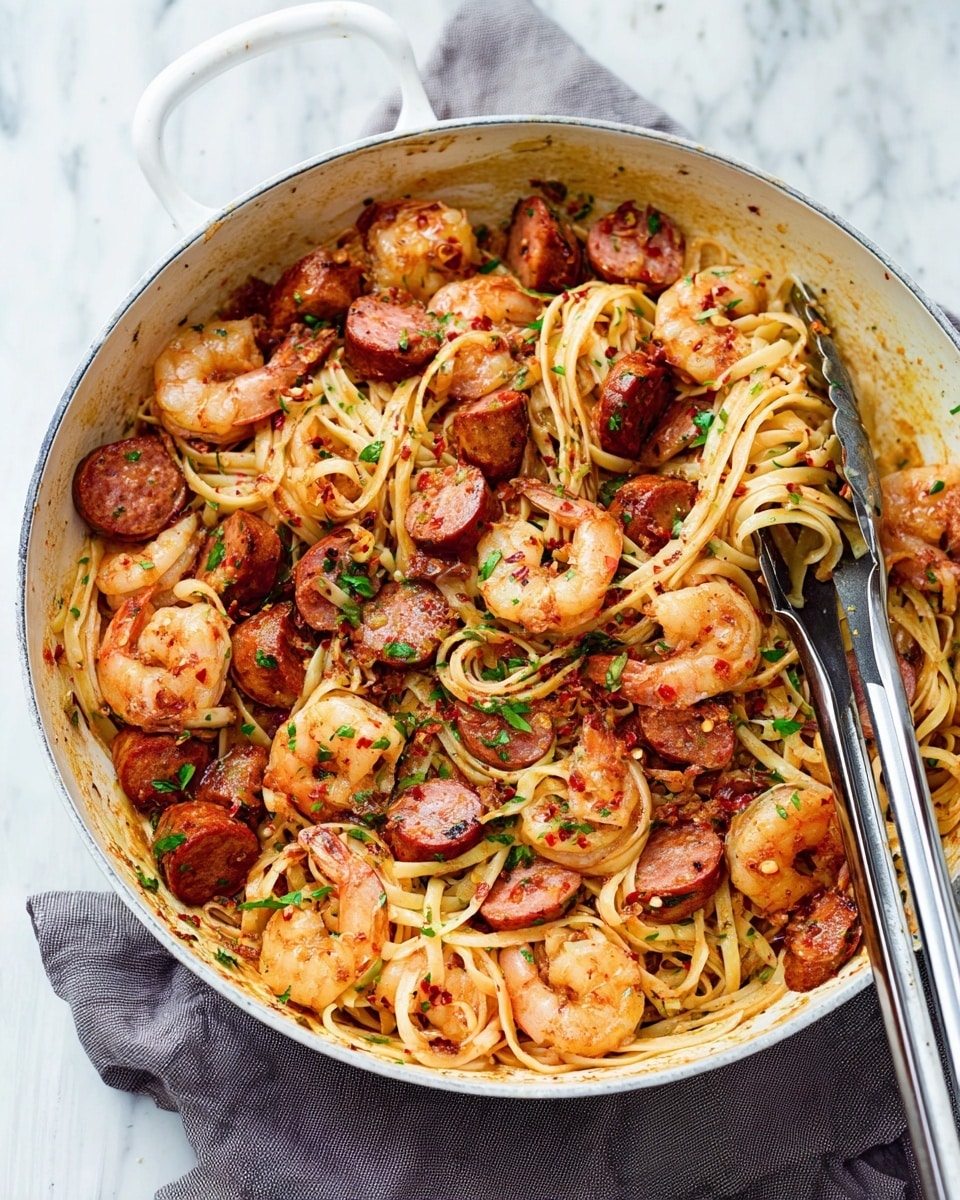 A close-up view of a white pan filled with a pasta dish made of three main layers: the bottom layer is light yellow linguine noodles mixed evenly throughout, the middle layer has slices of browned sausage with a reddish-brown color placed randomly, and the top layer features cooked shrimp with an orange-pink hue scattered all over. The dish is garnished with small green herb pieces and some red chili flakes sprinkled on top, creating a mix of warm and fresh colors. Two silver tongs rest inside the pan on the right side, angled down into the food. The pan sits on a folded gray cloth on a white marbled surface. photo taken with an iphone --ar 4:5 --v 7
