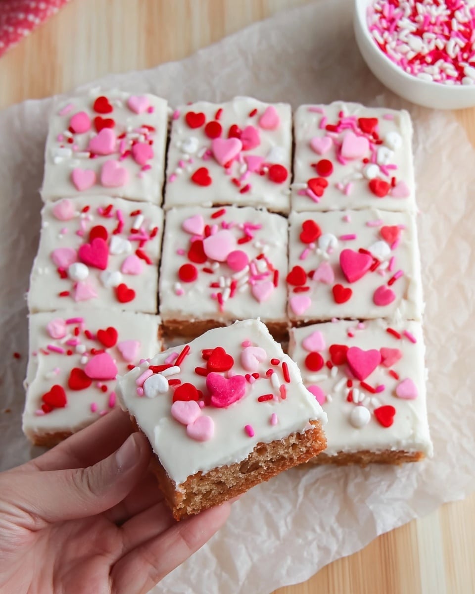A white rectangular cake cut into nine square pieces, each piece covered with a thick layer of smooth white frosting. On top, there are pink and red heart-shaped sprinkles, red round candy pieces, small pink dots, and white and red rod-shaped sprinkles scattered across the surface. The cake layer beneath the frosting is light brown. One piece is being held by a woman's hand at the bottom right corner. The cake is placed on white parchment paper on a light wooden surface, with a bowl of pink and white sprinkles partially visible in the top right corner. Photo taken with an iphone --ar 4:5 --v 7