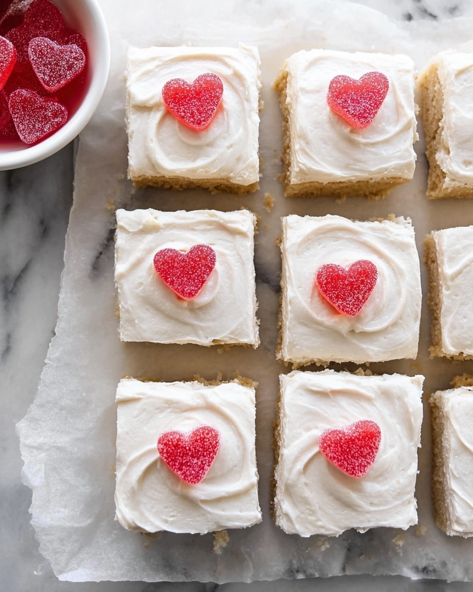 The image shows nine square cake pieces arranged in a 3x3 grid on a white marbled surface. Each cake piece has two layers: a light golden brown base layer and a thick, creamy off-white frosting layer on top with a smooth but slightly textured finish. Centered on each frosted square is a small, bright red heart-shaped candy, slightly sugar-coated, adding a pop of color against the pale frosting. The edges of the cakes are clean and straight, and the corner pieces show a bit of the golden cake base without frosting. A white bowl with a few more red heart candies is partially visible in the top left corner. Photo taken with an iphone --ar 4:5 --v 7
