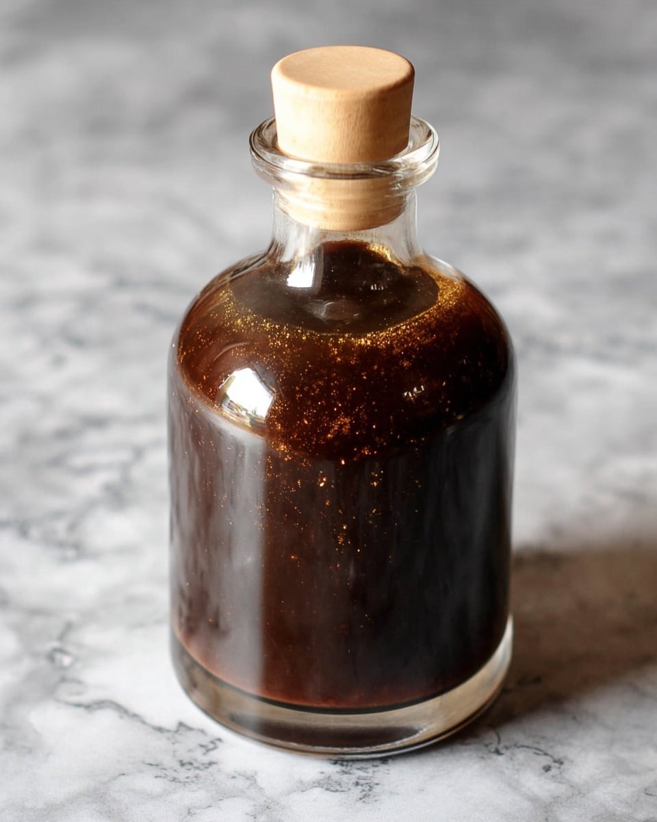 A clear glass bottle with a short neck and a round base is filled with a thick, dark brown liquid that has fine golden specks swirling inside. The bottle is sealed with a light tan cork stopper. The bottle sits on a surface with a white marbled texture. The lighting highlights the glossy surface of the liquid and the smooth glass, reflecting subtle light spots. photo taken with an iphone --ar 4:5 --v 7