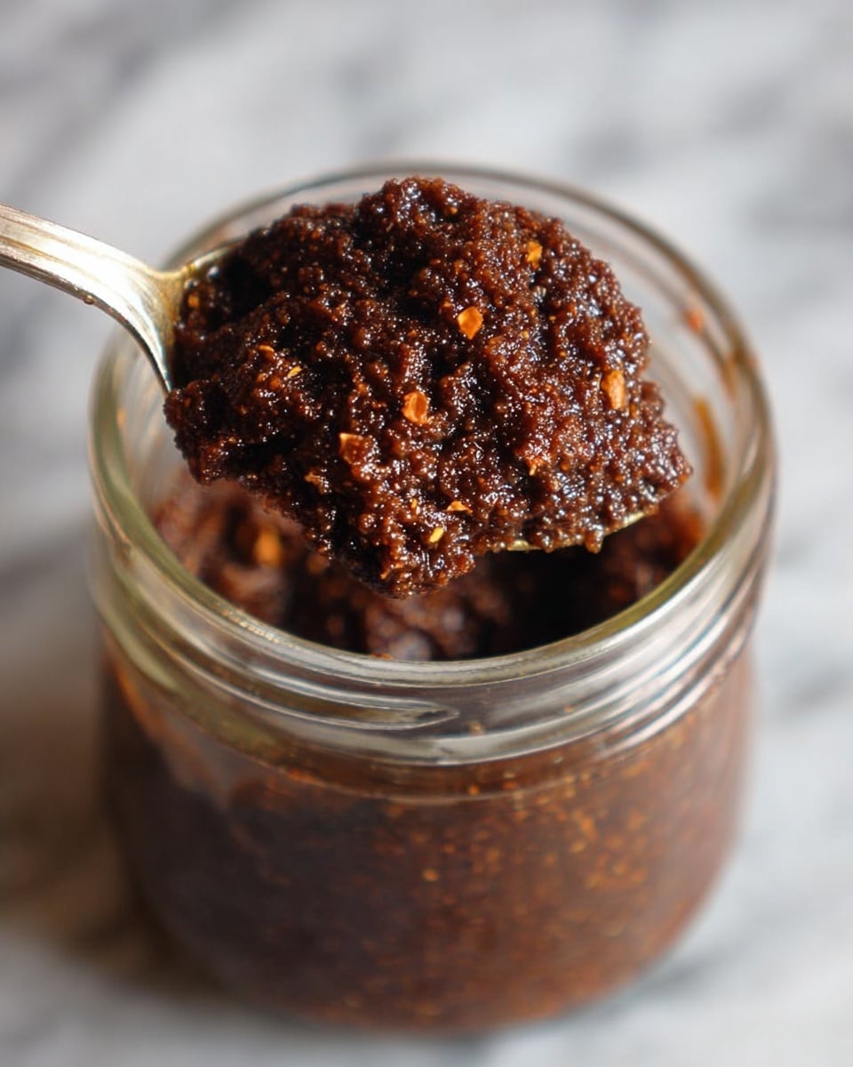 A close-up image of a thick, dark brown paste with small visible grains and bits, shown on a spoon hovering above a clear glass jar filled with the same paste. The paste has a coarse texture, with some orange flecks embedded, giving it a rich and rustic look. The background is a white marbled texture. photo taken with an iphone --ar 4:5 --v 7