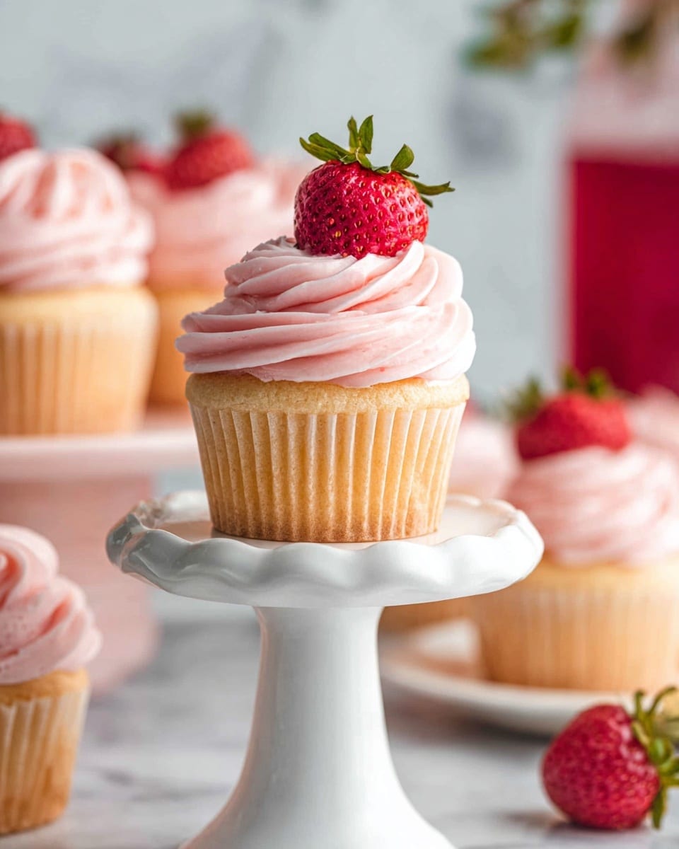 A group of vanilla cupcakes is displayed on a round white marble cake stand with a wooden base, each cupcake topped with a thick swirl of pink strawberry frosting that has a creamy texture. Sitting on top of the frosting is a fresh whole strawberry with green leaves. One cupcake at the front has a bite taken out, revealing a bright red strawberry jam filling inside the moist vanilla cake. Next to the stand is a white scalloped bowl with several fresh strawberries, and in the foreground, a vintage silver spoon holds some cake, pink frosting, and strawberry filling. The setting is on a white marbled surface with blurred white flowers adding softness in the left foreground. Photo taken with an iphone --ar 4:5 --v 7