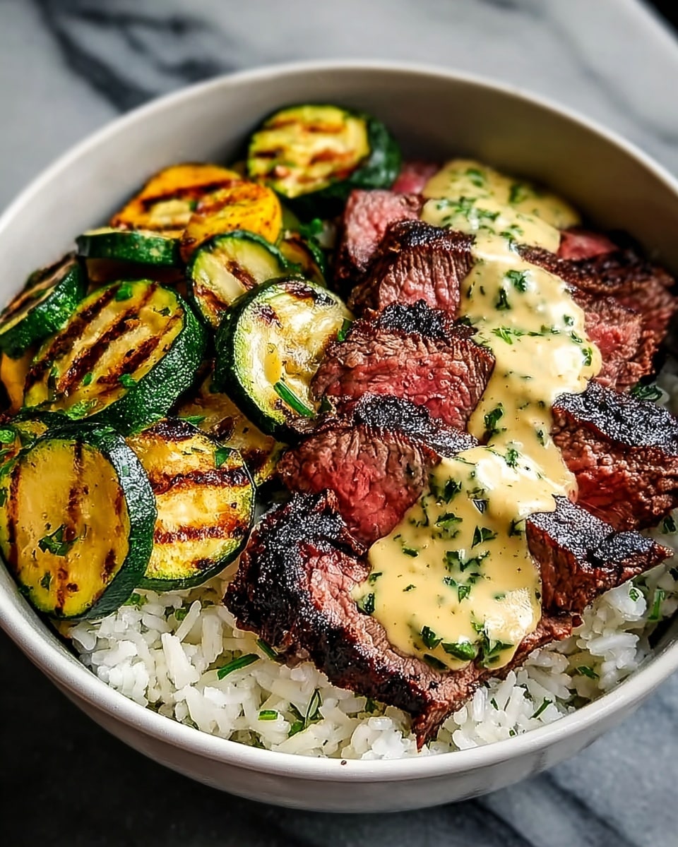 Grilled Steak Bowl with Zucchini and Herb Sauce Recipe