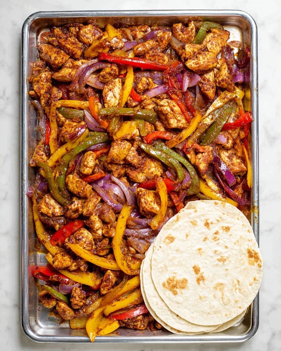 A large white metal baking tray filled with cooked chicken strips and mixed bell pepper slices in red, yellow, and green colors, along with cooked purple onion pieces scattered throughout. The chicken pieces are brown and seasoned, showing a slightly crispy texture, while the peppers and onions look soft and cooked with a slight char. Whole peeled garlic cloves are also visible among the ingredients, adding to the texture variety. The tray is placed on a white marbled surface. photo taken with an iphone --ar 4:5 --v 7