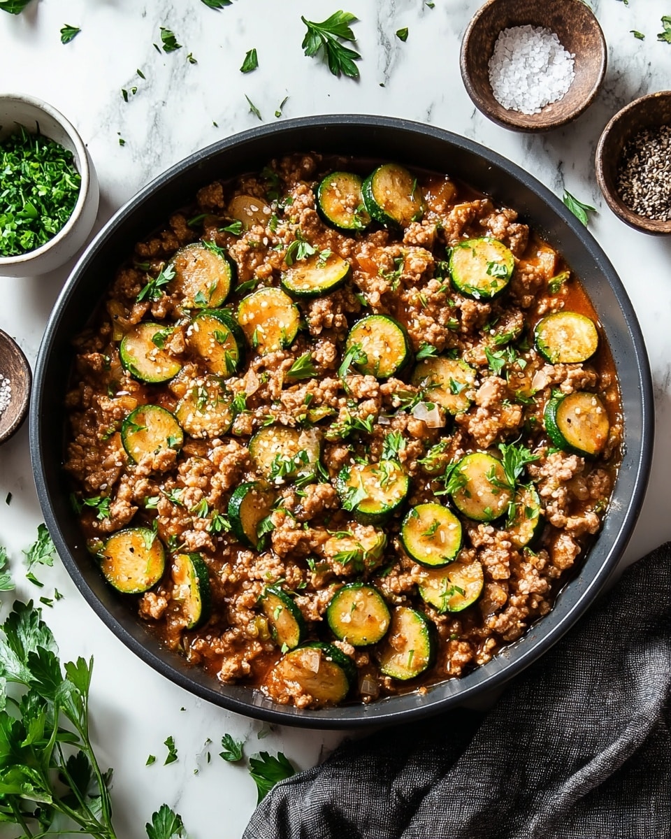 A black pan filled with a cooked mix of ground meat and sliced zucchini, showing about one layer of food. The zucchini slices are green with a pale yellow inside, mixed evenly throughout the brown cooked meat. Small pieces of red and yellow bell pepper add spots of color, along with finely chopped onions. Fresh green basil leaves are scattered on top. The pan rests on a white marbled surface, surrounded by whole zucchini, small bowls of salt and pepper, and a few fresh basil leaves. photo taken with an iphone --ar 4:5 --v 7