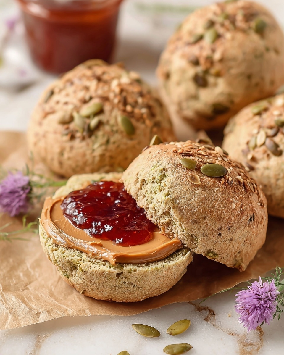 The image shows a close-up of several round seed-topped bread rolls with a rough, textured surface and light brown color. In the front, one roll is cut open into two halves resting on parchment paper on a white marbled surface; the top half is spread with a layer of smooth light brown peanut butter and a shiny, thick layer of red jelly on top. The rolls have visible mixed seeds, including pumpkin and sunflower seeds, embedded mainly on the tops and scattered on the surface around them. There are a few small purple flowers and green sprigs beside the rolls, adding a natural touch. The photo is taken with an iphone --ar 4:5 --v 7
