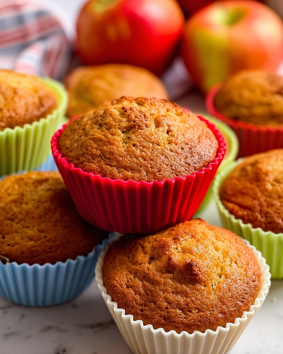 A close-up view of several golden brown muffins with a slightly cracked and textured top surface, each sitting inside colorful silicone baking cups in red, light green, blue, and white, arranged closely together with some overlapping. The muffins are rounded and fluffy with a soft texture visible. The background shows blurred apples and a striped cloth on a white marbled surface. photo taken with an iphone --ar 4:5 --v 7