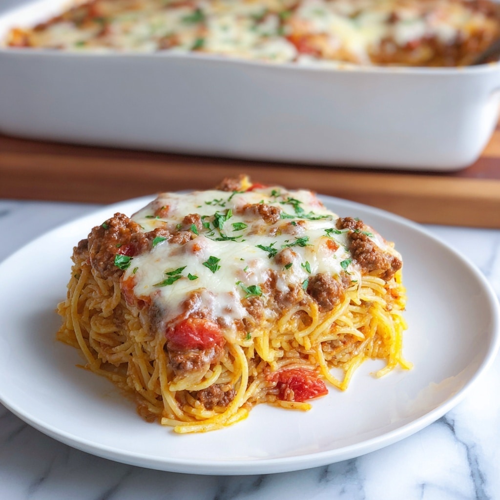 A serving of baked pasta on a white plate, showing multiple layers with the bottom made of cooked yellowish spaghetti noodles mixed with ground brown meat and pieces of red tomato, topped with melted white cheese that is slightly browned and sprinkled with chopped green herbs, all arranged thickly on the plate. In the background, more of the baked pasta is visible in a white baking dish, placed on a wooden surface with a white marbled texture underneath. photo taken with an iphone --ar 4:5 --v 7