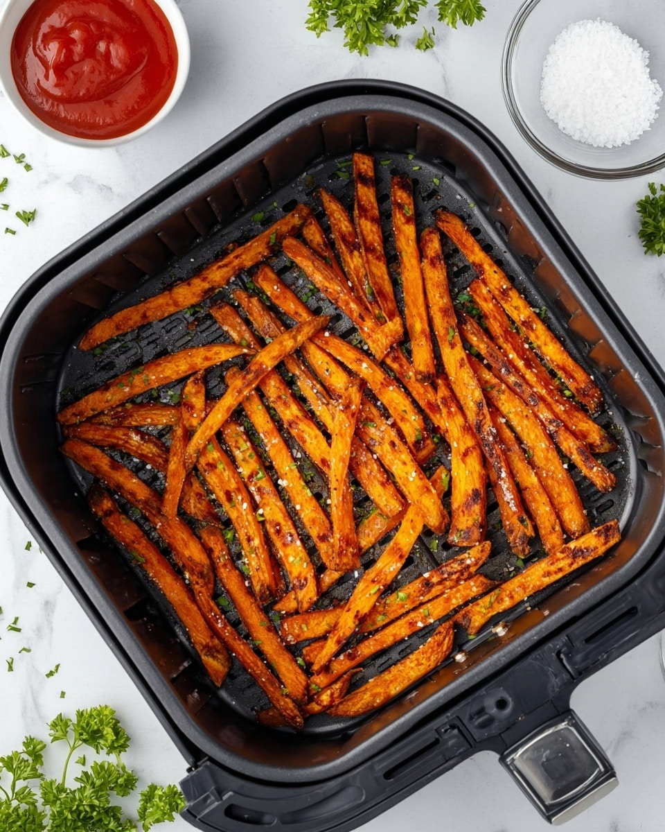 The image shows a black air fryer basket filled with one layer of long, thin sweet potato fries that are golden orange with charred grill marks, sprinkled with coarse salt and small green herb bits evenly scattered on top. In the upper left corner, there is a small white bowl filled with bright red ketchup, and on the upper right side, there is a small transparent bowl with white coarse salt. The background is a white marbled surface with small green parsley sprigs placed around the air fryer. photo taken with an iphone --ar 4:5 --v 7