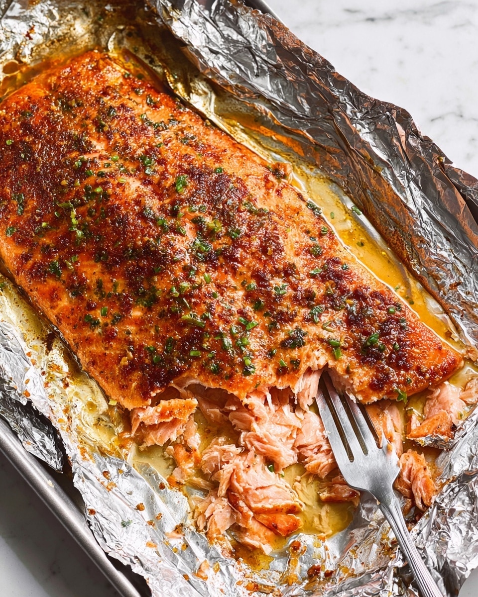 A large piece of cooked salmon filled the center of a baking tray lined with crinkled aluminum foil, showing a rich orange-pink color with a crispy, browned seasoning crust on top, scattered with small green herb bits. The thick salmon fillet is partially flaked apart on the right side, revealing tender, moist layers of lighter pink fish inside. A silver fork rests on the bottom right corner, piercing some of the flaky fish. The foil is soaked with oily, golden juices from the cooking, and the tray edges are visible around the foil on a white marbled surface. photo taken with an iphone --ar 4:5 --v 7