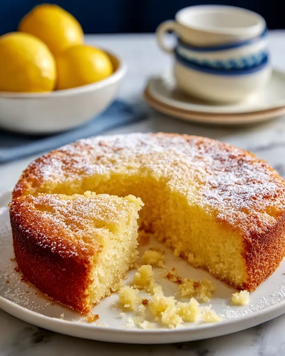 The image shows a round lemon cake on a white plate placed on a white marbled surface. The cake has a thick, golden-brown crust with a soft, moist, pale yellow inside, where a slice has been taken out, revealing its creamy texture. The top of the cake is dusted with powdered sugar and garnished with thin lemon zest strips in the center. Whole lemons and a half lemon surround the plate, adding bright yellow accents to the scene. Photo taken with an iphone --ar 4:5 --v 7
