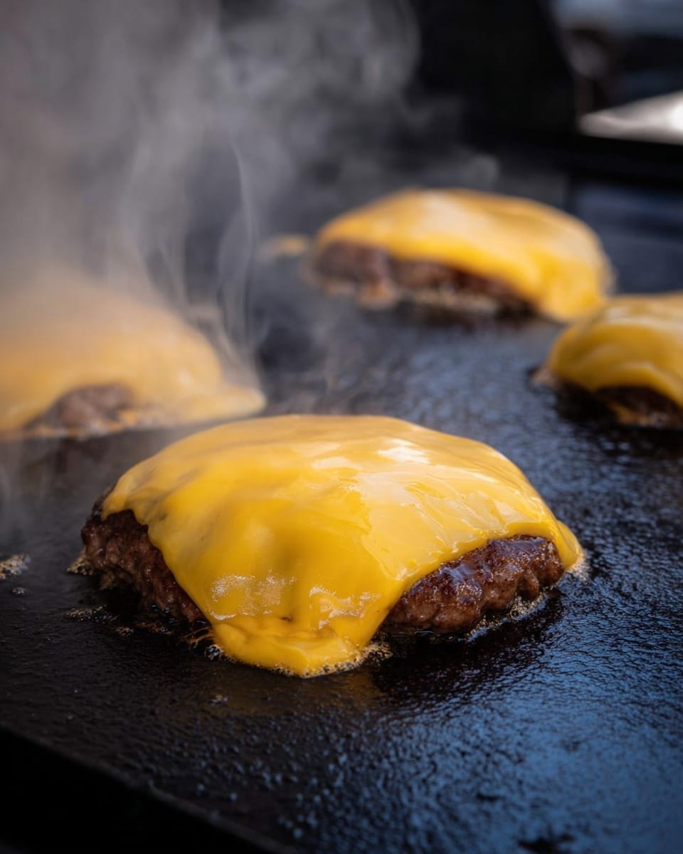 The image shows sizzling burger patties cooking on a hot black griddle, each topped with a single slice of melted bright yellow cheese that drapes smoothly over the edges. The cheese has a glossy, slightly bubbled texture as it melts, with steam rising gently from the griddle, adding a warm, fresh-cooked feel. The dark griddle surface contrasts with the rich brown of the beef patties and the vibrant yellow cheese, highlighting the layers clearly. Photo taken with an iphone --ar 4:5 --v 7