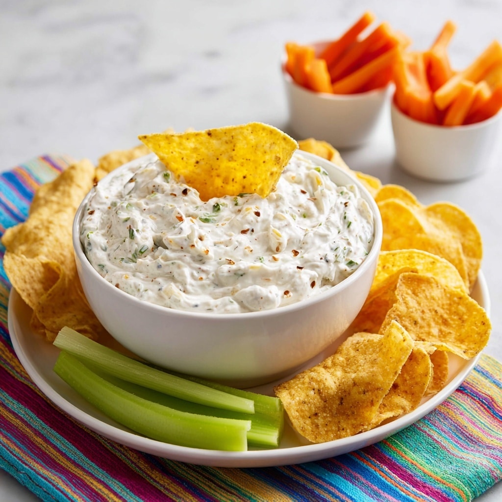 A close-up of a snack set on a white marbled surface, featuring a white bowl filled with thick, creamy white dip with small bits of herbs and spices visible, topped with a single yellow tortilla chip dipped in the center. Surrounding the bowl are light green celery sticks neatly stacked and bright orange carrot sticks in a white ramekin. To the side, there is a white ramekin filled with yellow tortilla chips, and more tortilla chips spread around, creating a casual and colorful arrangement. A colorful woven cloth adds a vibrant touch under parts of the setup. Photo taken with an iphone --ar 4:5 --v 7