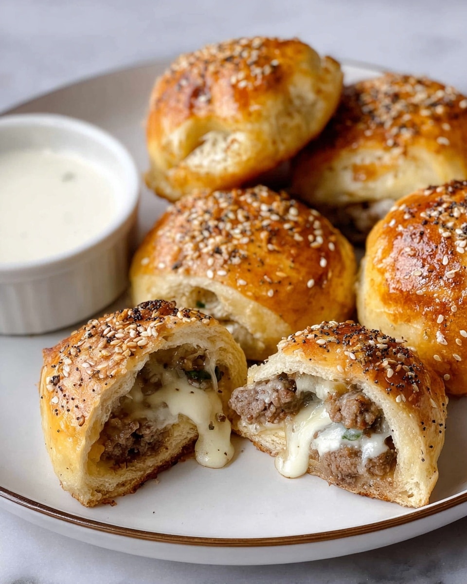 The image shows a white plate with five golden brown baked buns topped with sesame seeds and black pepper flakes; three of these buns are whole, while two are cut open revealing a filling of melted white cheese and cooked mushroom pieces with some green herbs. Next to the buns is a white bowl filled with a creamy white dipping sauce. The buns have a shiny, slightly flaky crust with a soft, light interior, and the texture of the filling looks moist and rich. The plate is set on a white marbled surface. Photo taken with an iphone --ar 4:5 --v 7