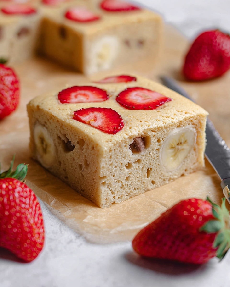 The image shows a square baked cake layer with a light golden brown color, topped with slices of red strawberries and pale yellow banana rounds arranged evenly on the surface. The cake rests on a sheet of brown parchment paper that is placed on a white marbled texture surface. Around the cake, there are whole strawberries with green leaves and some banana slices scattered on the surface. A knife with a light wooden handle lies next to the cake at the bottom left corner. photo taken with an iphone --ar 4:5 --v 7