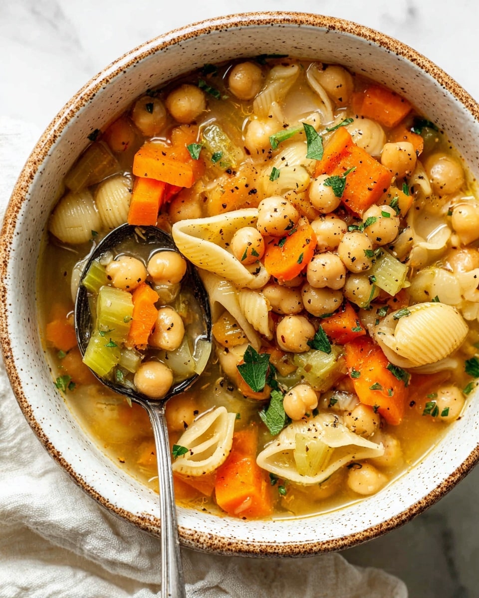 A close-up shot of a bowl of soup filled with three main layers: the top layer has chickpeas with a light tan color, the middle layer shows small shell pasta in a pale yellow tone, and the bottom layer contains chopped vegetables including bright orange carrots, green celery, and translucent white onions. The soup broth is clear with a golden hue, sprinkled with black pepper and small green leafy herbs scattered throughout. A silver spoon inside the bowl holds a mix of pasta, chickpeas, celery, and carrot pieces. The bowl is white with a speckled brown rim, placed on a white marbled surface with a soft white cloth nearby. photo taken with an iphone --ar 4:5 --v 7