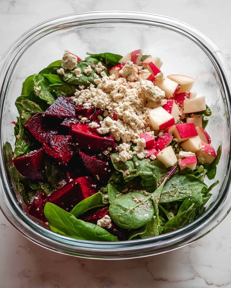 A white speckled plate holds a fresh salad with a base layer of dark green spinach and other leafy greens, topped with bright red roasted beet cubes, small diced pieces of red apple, dollops of crumbly beige tofu or cheese, and scattered green pumpkin seeds. The salad is accompanied by two wooden salad servers resting on the right side of the plate. The setting includes a white marbled surface underneath, a beige cloth napkin on the right edge, and a glimpse of a glass jar with amber liquid and a textured white bowl in the background. photo taken with an iphone --ar 4:5 --v 7