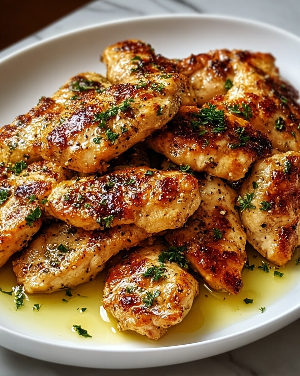 The dish shows a white bowl filled with several pieces of golden brown, grilled chicken strips layered closely together. Each piece has a slightly charred texture with visible black pepper and herbs sprinkled on top. The chicken is coated with a light, shiny layer of oil or butter, giving it a glossy finish. Bright green chopped parsley is scattered across the chicken, adding a fresh contrast to the warm brown tones. The bowl rests on a white marbled textured surface. Photo taken with an iphone --ar 4:5 --v 7