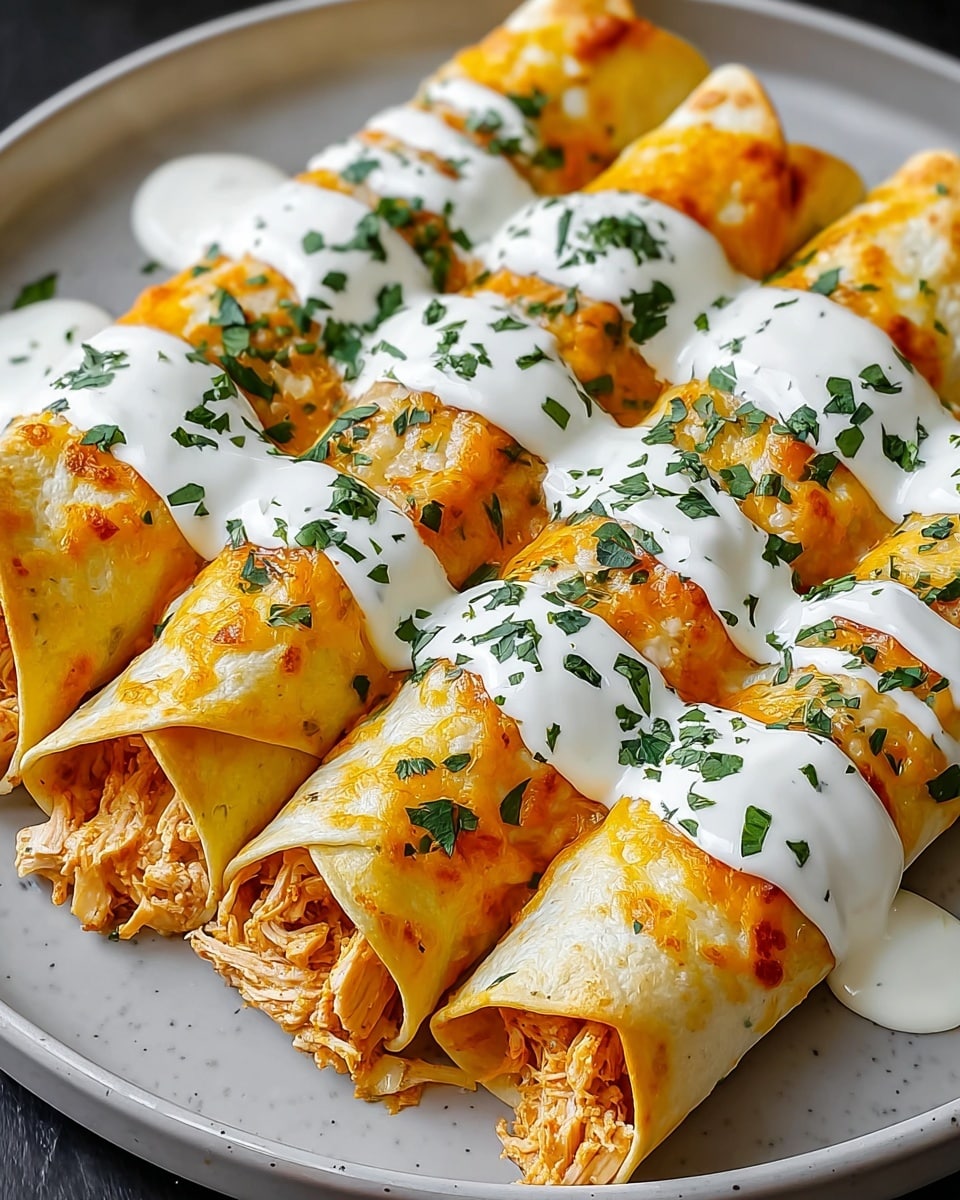 The image shows six rolled tortillas arranged closely on a white plate, each filled with a warm orange chicken and cheese mix that peeks out from the ends. The golden brown tortillas look soft with slight toasting marks. On top of each rolled tortilla is a thick, creamy white sauce drizzled evenly, and small bright green chopped herbs are sprinkled over the sauce and plate, adding a fresh touch. The white plate sits on a white marbled surface, and a few drops of sauce are also visible on the plate's edge. photo taken with an iphone --ar 4:5 --v 7