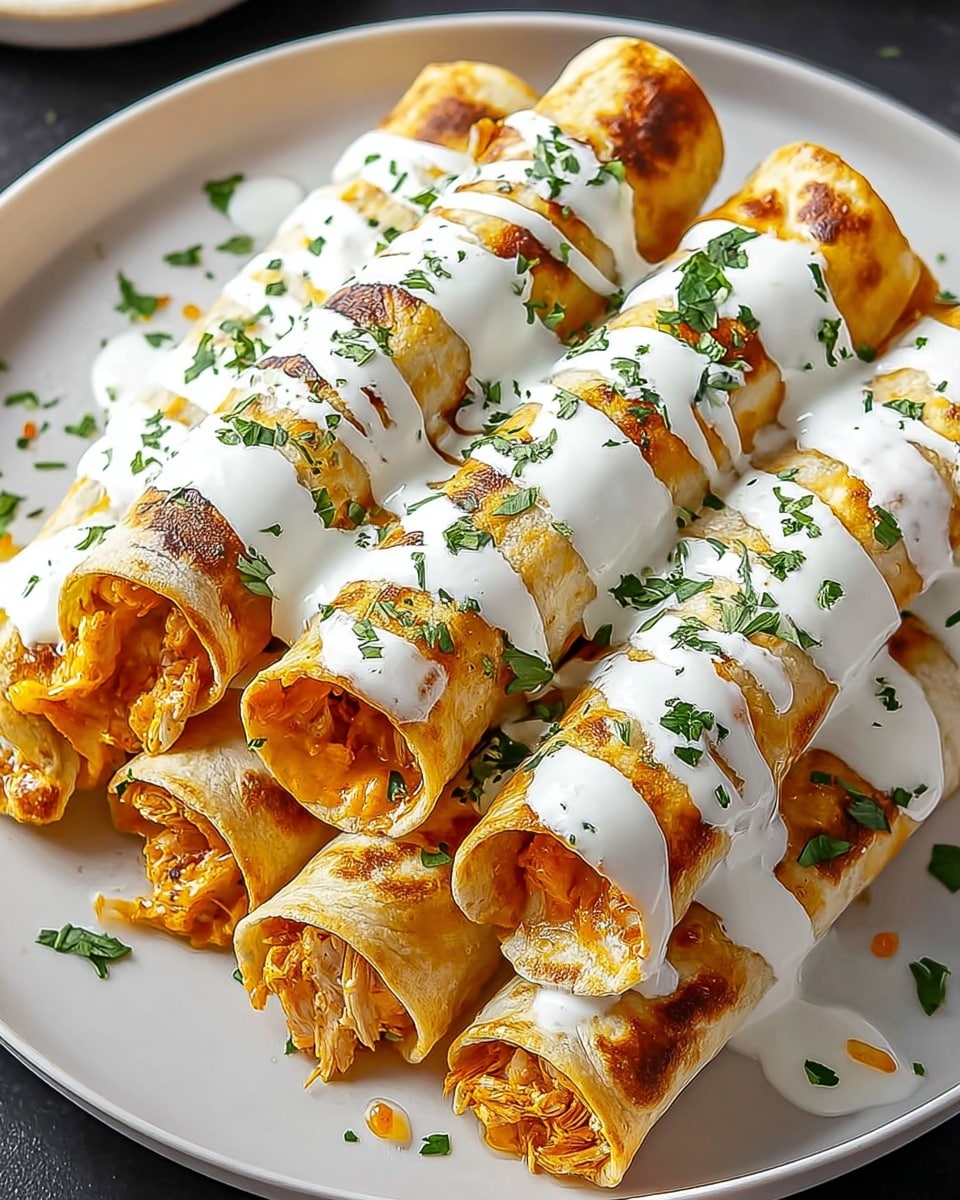 Four rolled enchiladas lie side by side on a white plate, each wrapped in a golden-yellow tortilla that looks soft and slightly crispy at the edges. Inside, a filling of light orange shredded chicken mixed with fine herbs is visible through the ends, giving a textured and juicy look. On top, smooth white sour cream is drizzled in thick lines along each enchilada, adding contrast to the warm tones underneath. Small pieces of fresh, chopped green cilantro are scattered over the sour cream and tortillas, adding a touch of color and freshness. The plate rests on a white marbled surface. photo taken with an iphone --ar 4:5 --v 7