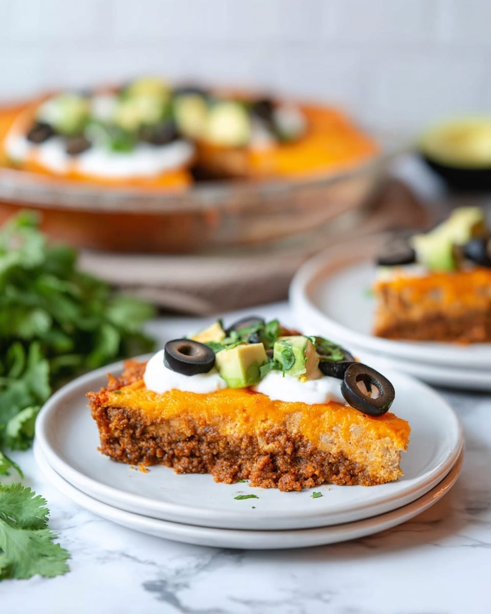 The image shows a glass round baking dish filled with a baked dish that has a bright orange top layer that looks creamy and slightly browned, with one large slice missing. There are two white plates on a white marbled surface with terrazzo-style patterns. Each plate holds a slice of the orange-topped dish with visible layers underneath, including a mix of dark bits. The slice in the top left plate is topped with diced light green avocado chunks and red salsa, while the slice in the bottom right plate is topped with black olive slices, avocado chunks, green herbs, and a dollop of white sour cream. There are loose avocado slices and fresh green herbs scattered around the plates. Photo taken with an iphone --ar 4:5 --v 7