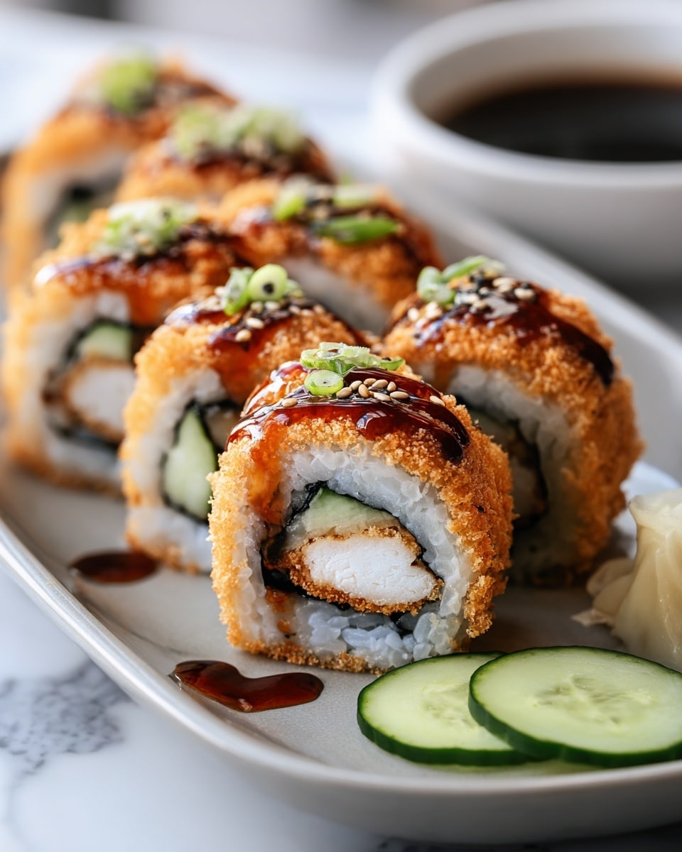 A white plate holds a row of eight sushi rolls arranged neatly in a line. Each roll has a base layer of white rice wrapped around dark seaweed, with green cucumber and crispy golden tempura inside. The top of the rolls is coated with a light brown crunchy crumb layer, drizzled with two sauces: a creamy light tan sauce and a glossy dark brown sauce, both flowing down the sides in thin lines. Small green chopped scallions and white sesame seeds are sprinkled on top, adding color and texture. In the background, there is a small mound of light green wasabi and pale yellow pickled ginger resting on the white marbled surface. photo taken with an iphone --ar 4:5 --v 7