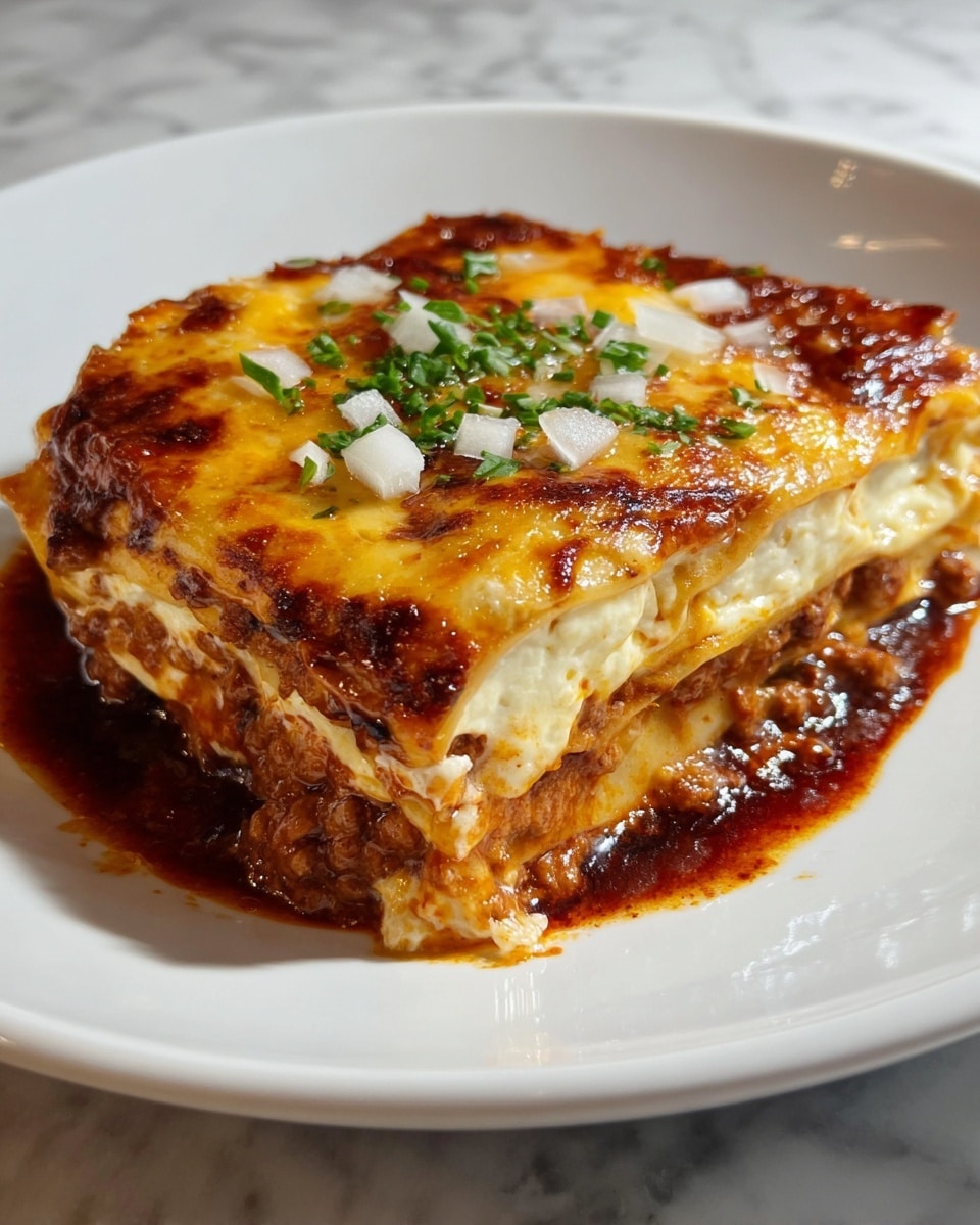 A folded tortilla burrito sits centered on a white plate, covered with a shiny layer of melted golden yellow cheese mixed with darker browned spots, and a rich brown sauce spread over the top. The burrito is garnished with small pieces of chopped green onions and white onion bits scattered evenly across the surface. The texture of the burrito shows slight crispiness on the edges and soft, warm layers inside. The photo is taken with warm natural light coming from a nearby window, illuminating the dish and the white marbled surface beneath the plate. Photo taken with an iphone --ar 4:5 --v 7