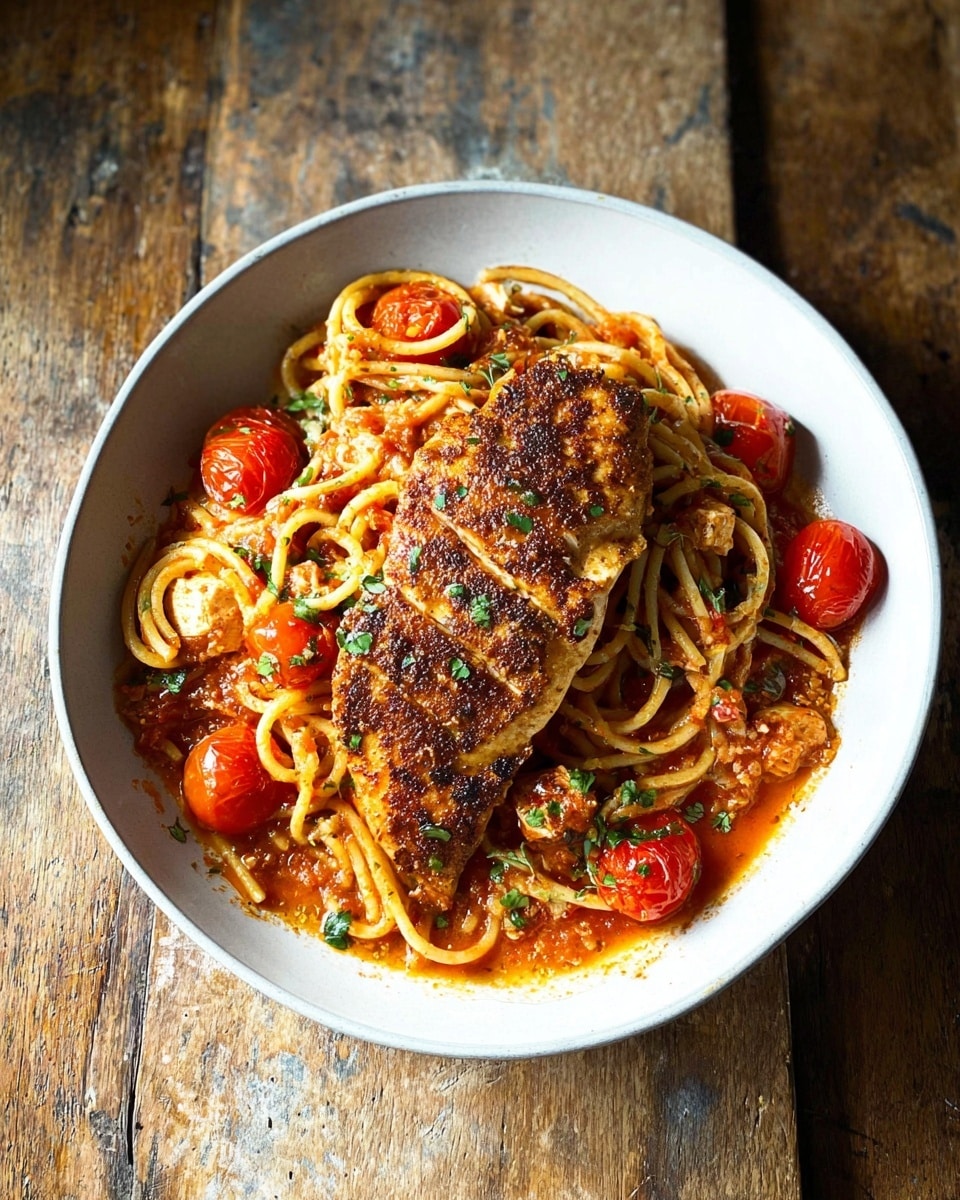 A round white pan with red handles holds a rich tomato sauce base, deep red in color with chunks of bright red cherry tomatoes scattered throughout. On top, there are four golden brown, seasoned chicken breasts seared to show a slightly crispy texture with visible black pepper and herbs sprinkled on them. Patches of melted white cheese melt into the sauce around the chicken, creating a creamy contrast to the vibrant tomato sauce. Small bits of green herbs are sprinkled lightly across the dish, adding a fresh touch. The pan sits on a white marbled texture surface. photo taken with an iphone --ar 4:5 --v 7