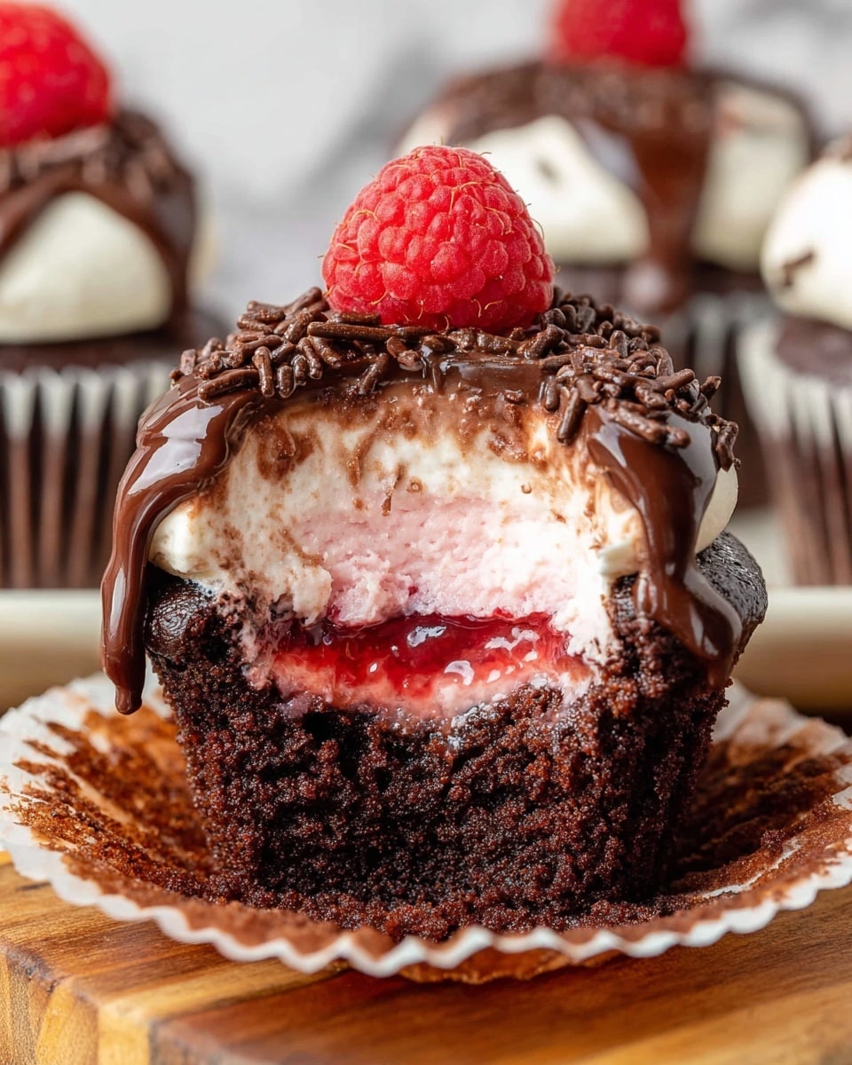 A close-up of a chocolate cupcake with its white and brown paper wrapper partially peeled open, showing four layers: the dark brown moist chocolate cake base, a bright red jam filling in the center, a thick white and pale pink creamy frosting layer above the jam, and a shiny dark chocolate ganache topping with finely grated chocolate sprinkled on it, finished with a fresh red raspberry placed on the side of the ganache. The cupcake sits on a wooden surface with a white marbled texture blurred in the background, and more similar cupcakes are faintly seen behind it. Photo taken with an iphone --ar 4:5 --v 7