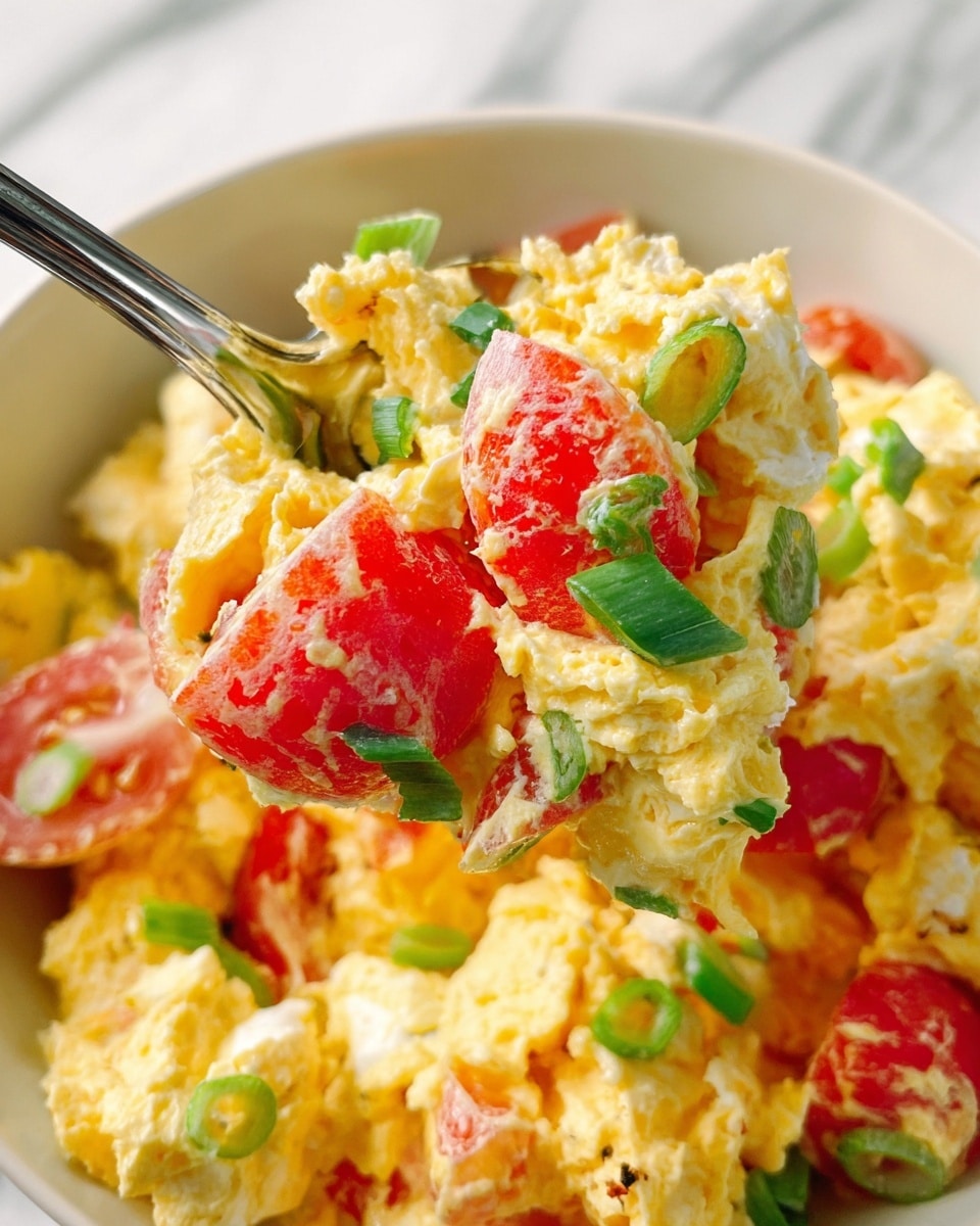A clear glass bowl filled with a mixed salad showing three main layers: the bottom layer is light yellow scrambled eggs with a soft, fluffy texture; the middle layer contains bright red tomato chunks with a juicy, slightly glossy look; the top layer is creamy white cottage cheese mixed with green chives adding a fresh touch, all combined giving a mixed, chunky appearance. A silver spoon stands inside the bowl. Behind it, a small white plate holds three plain square crackers, and all items rest on a white marbled textured surface with a beige and white striped cloth partially underneath. photo taken with an iphone --ar 4:5 --v 7