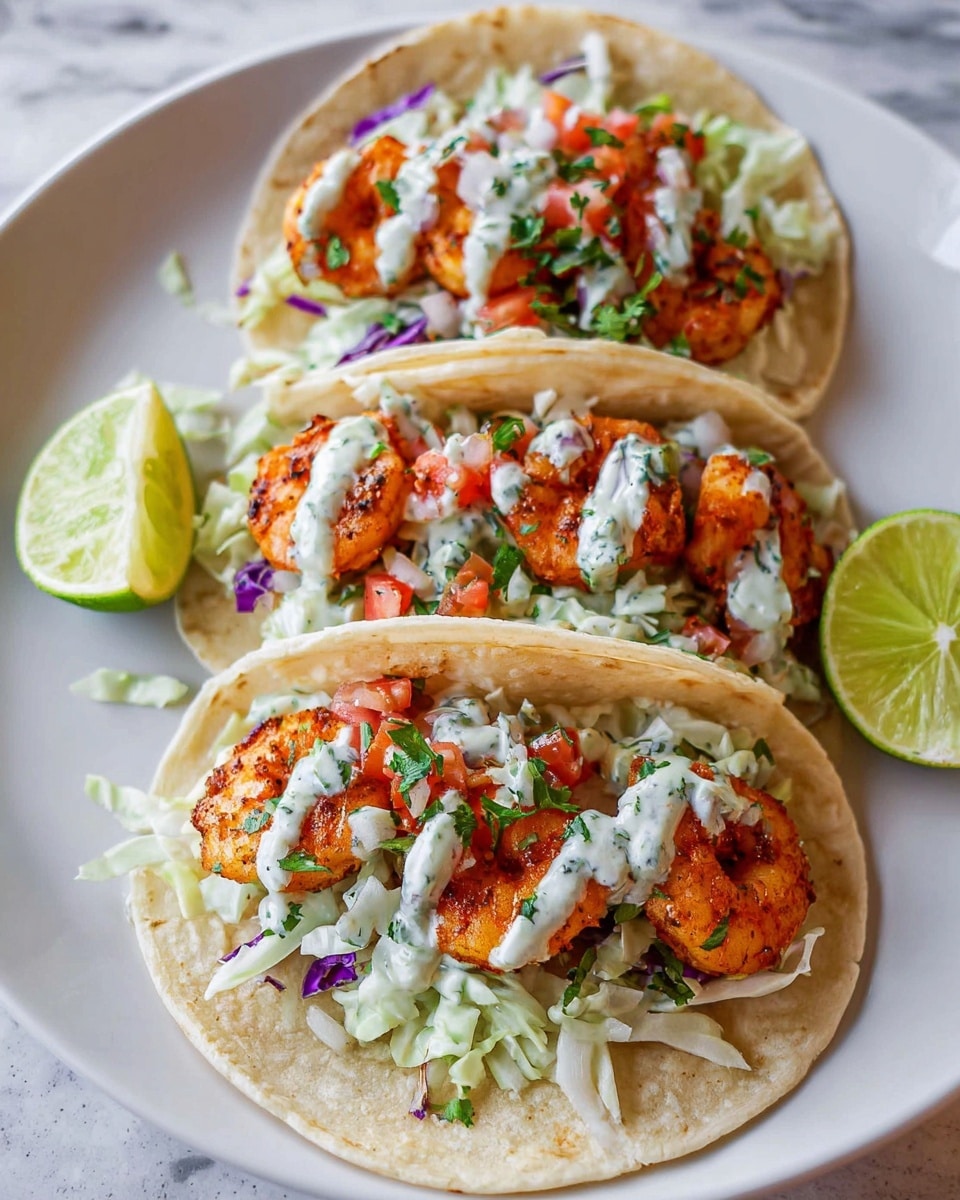 Two tacos sit side by side on a white round plate over a white marbled surface. Each taco has three main layers: the soft, yellow corn tortilla shell forms the base, inside which shredded pale green and purple cabbage creates a fresh and crunchy middle layer mixed with small chopped red tomato pieces. On top of the cabbage layer, there are two large, golden-brown, seasoned shrimp each with a slightly crispy texture, drizzled with a creamy white sauce and sprinkled with fresh green chopped herbs. A quarter of a lime with bright green skin and juicy pale green flesh is placed next to the tacos on the plate. Photo taken with an iphone --ar 4:5 --v 7
