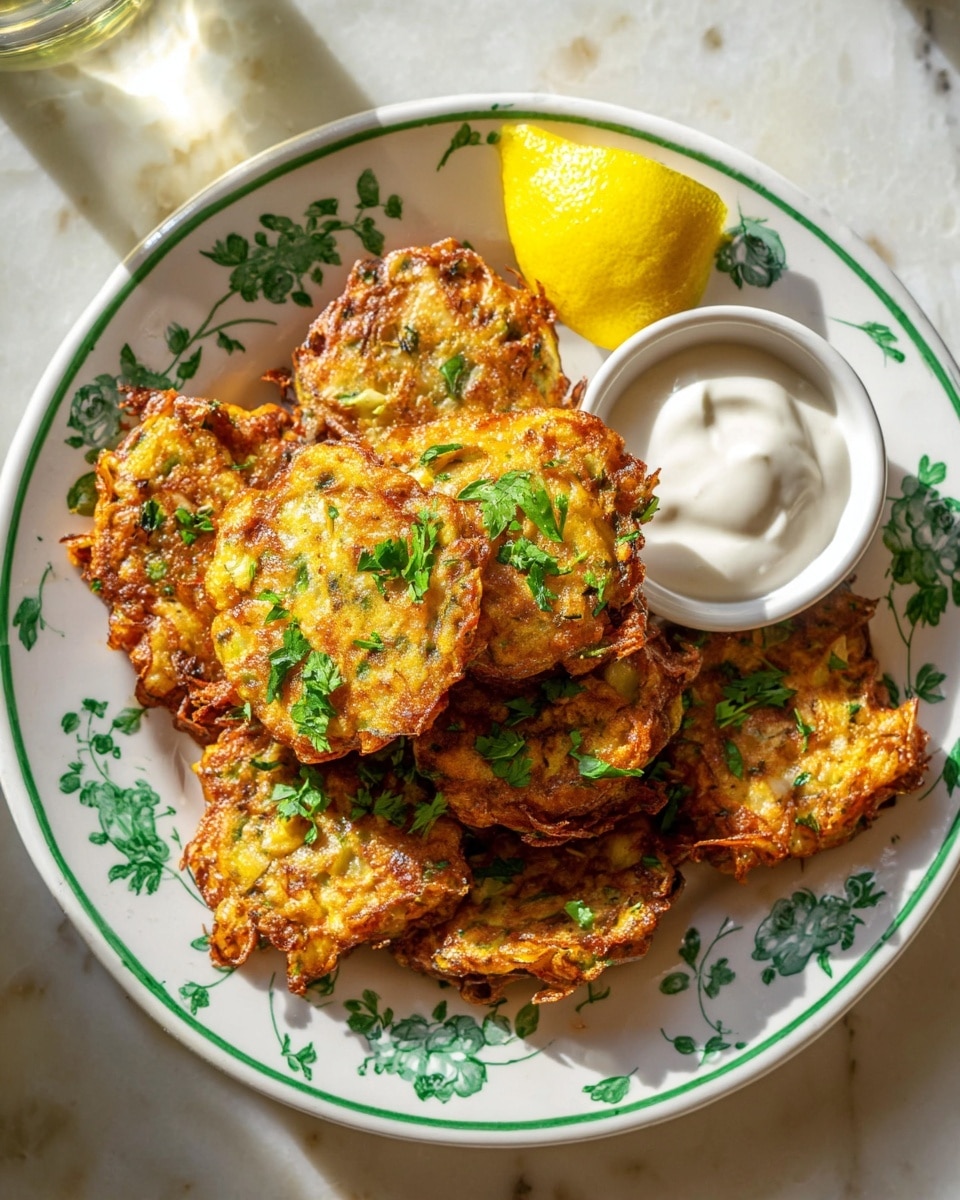 A white plate with green leaf patterns holds six golden-brown fritters, each showing a crispy texture and flecks of green herbs on top. One fritter is being lifted by a gray spatula, revealing more browned details and bits of carrots and herbs inside. The fritters are sprinkled with chopped fresh green parsley. In the back of the plate, there is a small white bowl with a yellow rim filled with smooth white sauce, and next to it is a bright yellow lemon wedge. The plate sits on a white marbled surface with a blurred blue cloth in the background. Photo taken with an iphone --ar 4:5 --v 7