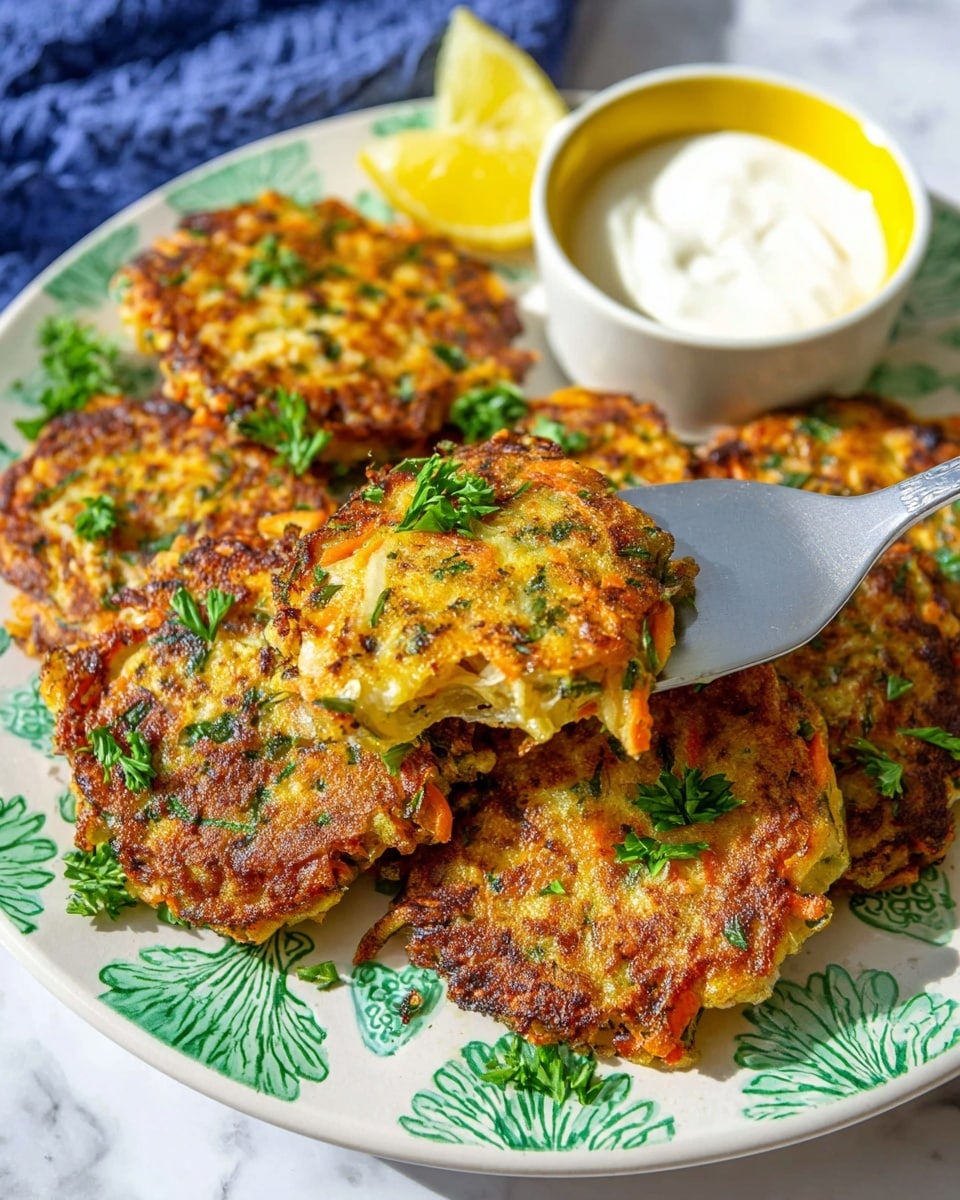 A stack of golden-brown fritters with a crispy texture is placed on a white plate with green floral designs. The fritters have uneven edges and small visible pieces of herbs and vegetables inside, topped with chopped fresh green parsley. On the side of the plate, there is a small white bowl filled with creamy white sauce, and next to it, a bright yellow half lemon. The plate sits on a white marbled textured surface, with bright natural light casting soft shadows. Photo taken with an iphone --ar 4:5 --v 7