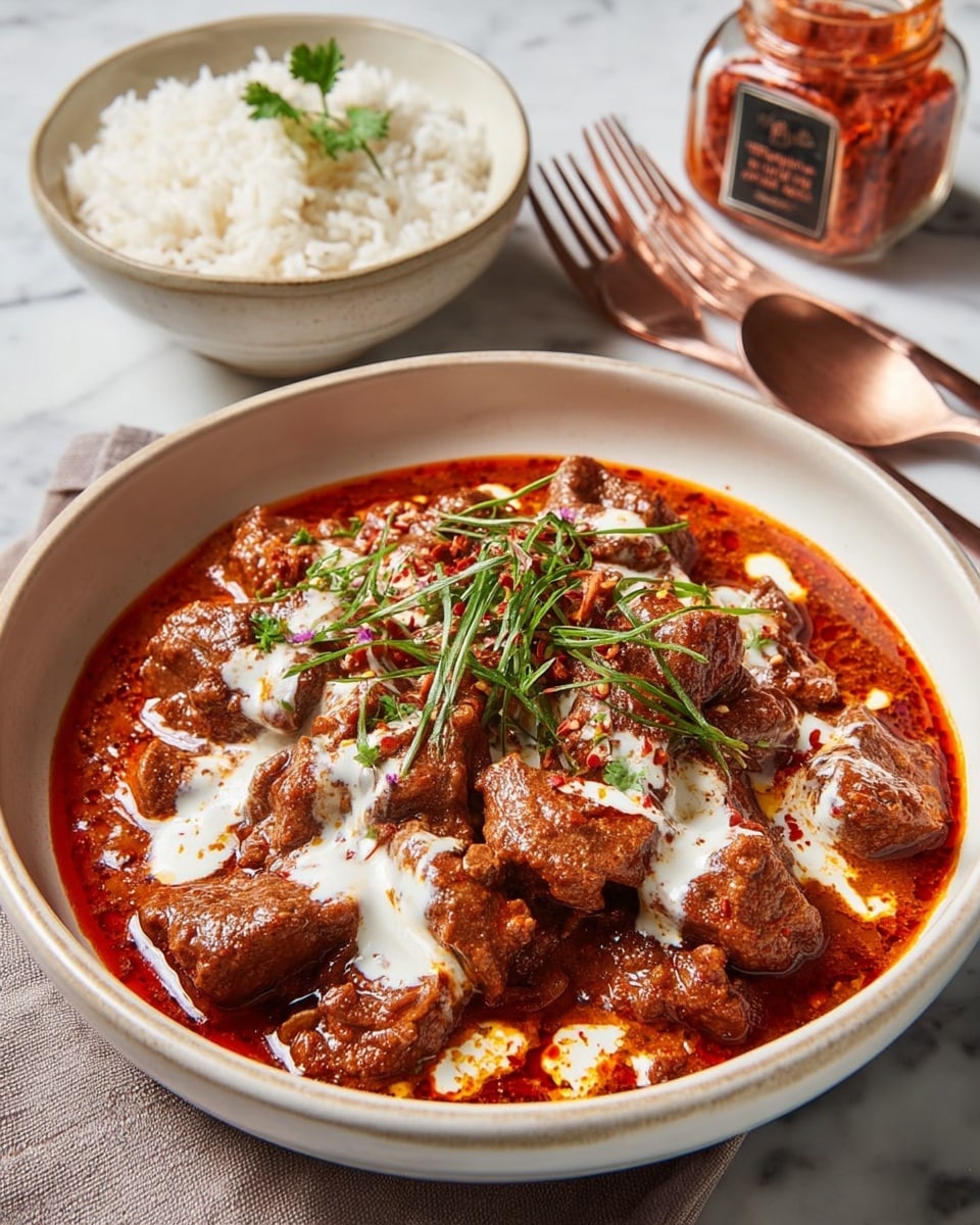 The image shows a white bowl filled with several pieces of cooked meat covered in a thick, dark reddish-brown sauce. The meat pieces look tender and have a slightly textured surface. On top of the meat, there is a drizzle of white cream or yogurt in uneven lines, adding contrast to the dish. Small thin green herbs are sprinkled lightly over the cream and meat, giving a fresh touch to the rich colors. The bowl rests on a white marbled texture surface. photo taken with an iphone --ar 4:5 --v 7