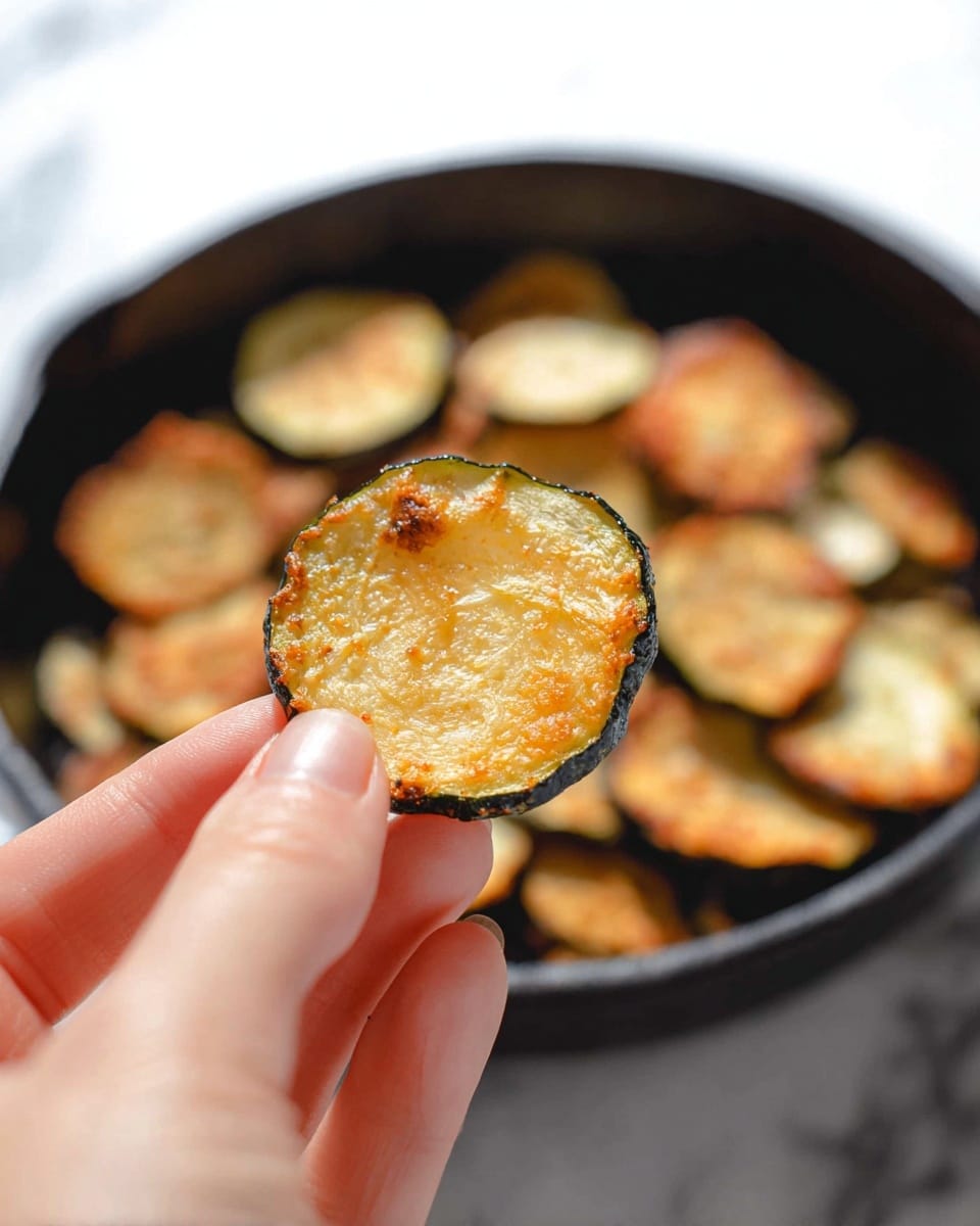 A close-up view of a small stack of six crispy zucchini chips with dark green edges and golden brown centers, showing light seasoning scattered on top. The chips are slightly curled and uneven in shape, giving them a natural, rustic look. Around the stack, several more chips lie flat on a white marbled surface, some blurred in the background for depth. The lighting highlights the texture and color contrast of the chips, making them look crunchy and freshly baked. photo taken with an iphone --ar 4:5 --v 7