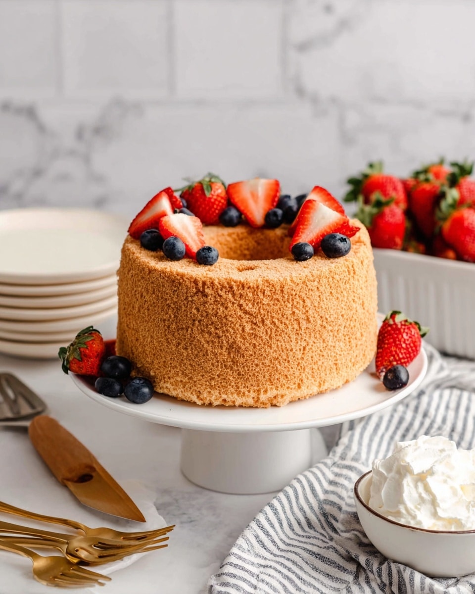 A tall, light brown sponge cake with a rough texture sits on a white cake stand. The cake has a hole in the center, making it look like a ring. On top, there is a layer of bright red strawberries and dark blue blueberries scattered around. The strawberries include both whole and sliced ones, showing red and white inside. Around the cake stand, there is a white marbled surface with a striped cloth, a wooden-handled spatula, stacked white plates with golden forks, a white container of strawberries in the background, and a small bowl of whipped cream in the foreground. photo taken with an iphone --ar 4:5 --v 7