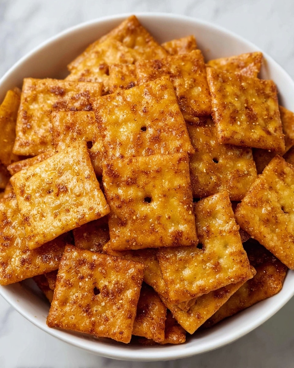 This image shows a block of creamy cheese with a glossy, burnt orange crust cut into square sections on top. The cheese is soft and melting slightly, with a gooey texture oozing out from the broken parts. Surrounding the cheese are several square crackers, browned and speckled with dark seasoning, arranged around the cheese on a surface covered with crinkled aluminum foil. The whole scene sits on a white marbled background. Photo taken with an iphone --ar 4:5 --v 7