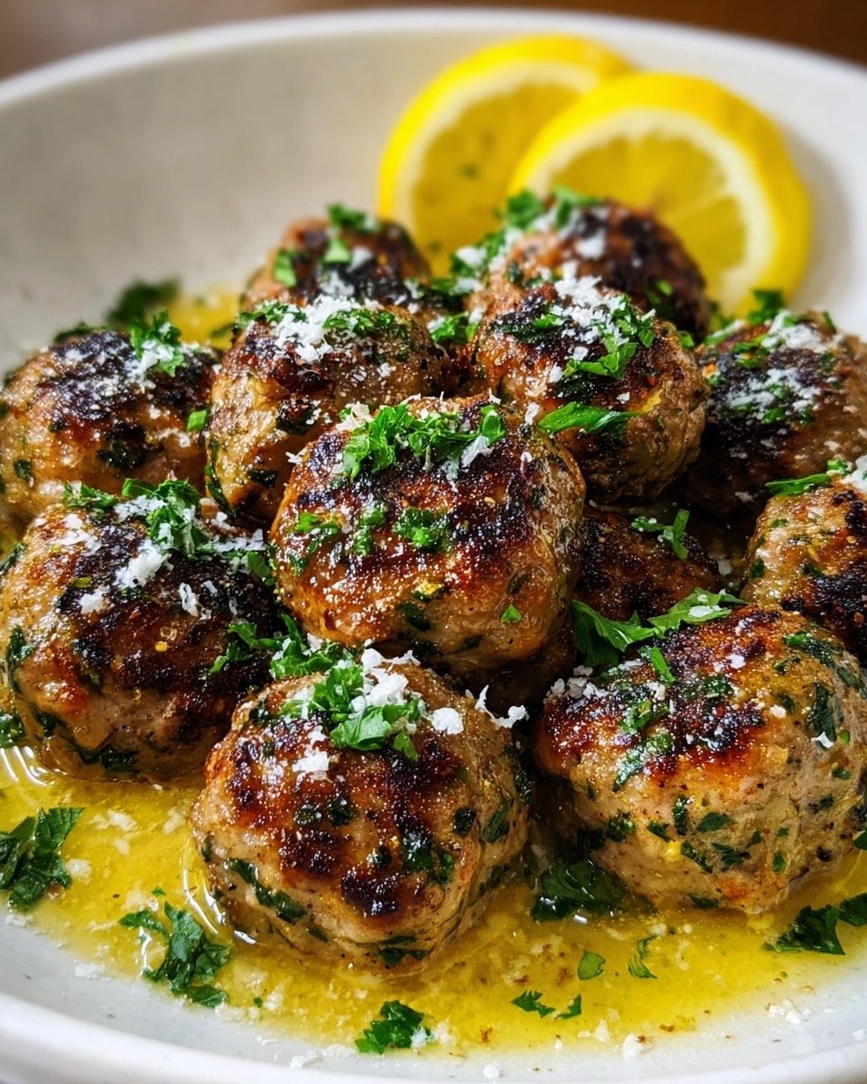 A white plate holds a layer of yellow lemon sauce with visible herbs and oil droplets, topped with nine browned meatballs that are speckled with green herbs inside and outside. Each meatball has a rough texture with a slight char on the surface. Freshly chopped green parsley is sprinkled on top along with white grated cheese. Three thin bright yellow lemon slices rest at the back edge of the plate, sitting on the sauce. The plate is placed on a white marbled textured surface. photo taken with an iphone --ar 4:5 --v 7